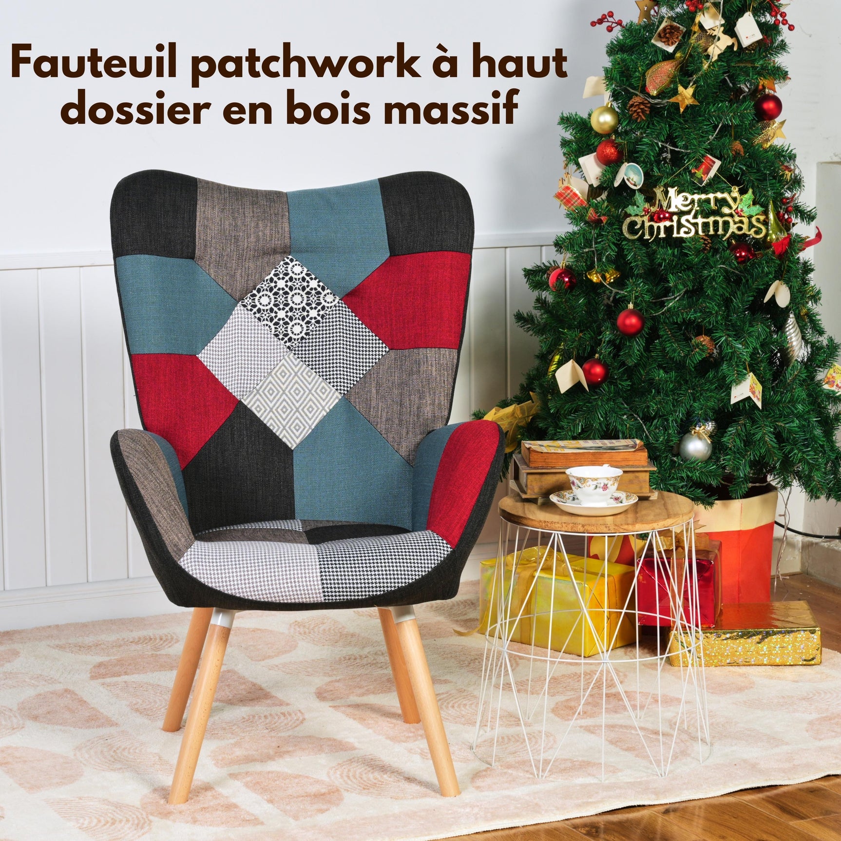 Skandinavischer Sessel mit Armlehnen im Stich Patchwork -Stoff - Funkel
