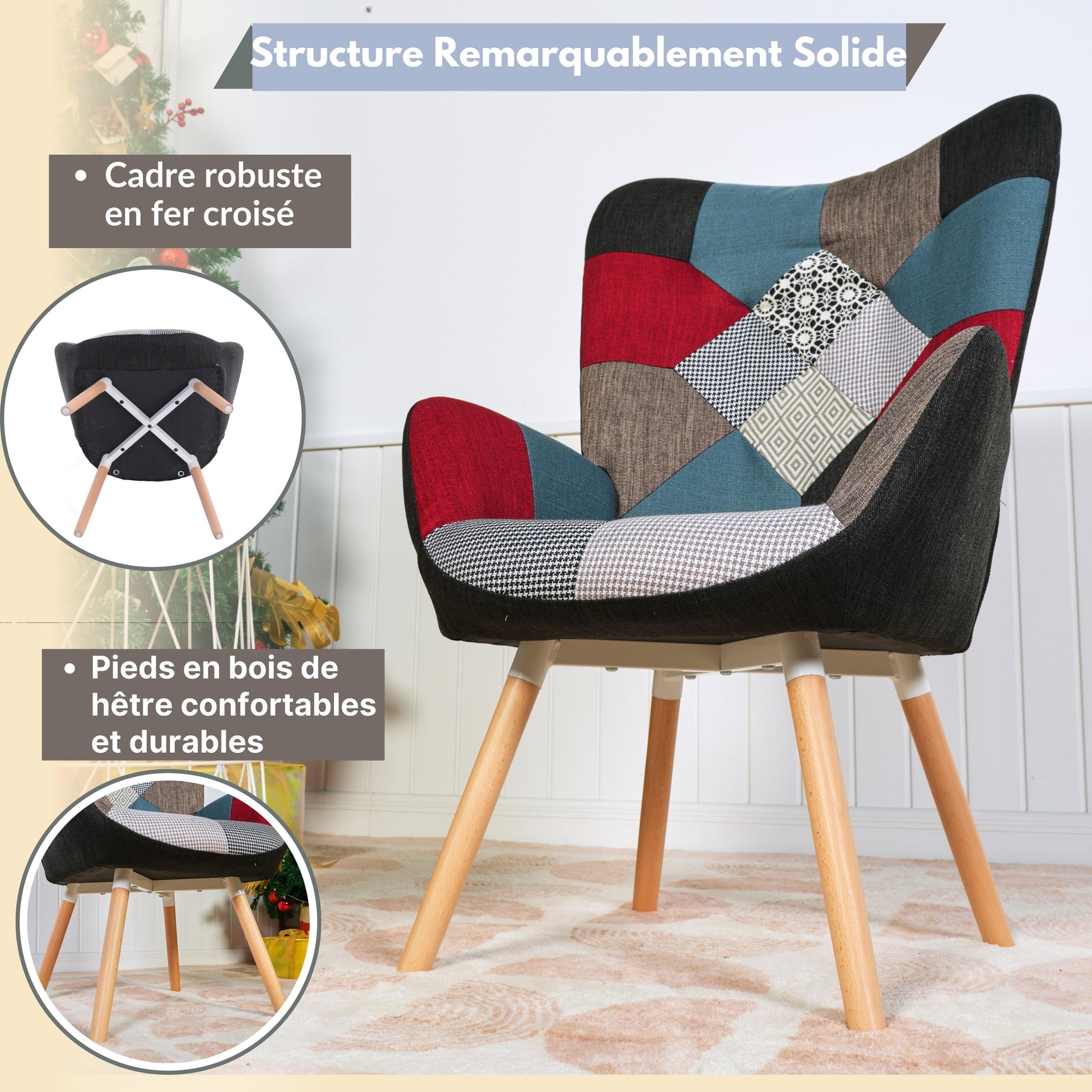 Skandinavischer Sessel mit Armlehnen im Stich Patchwork -Stoff - Funkel