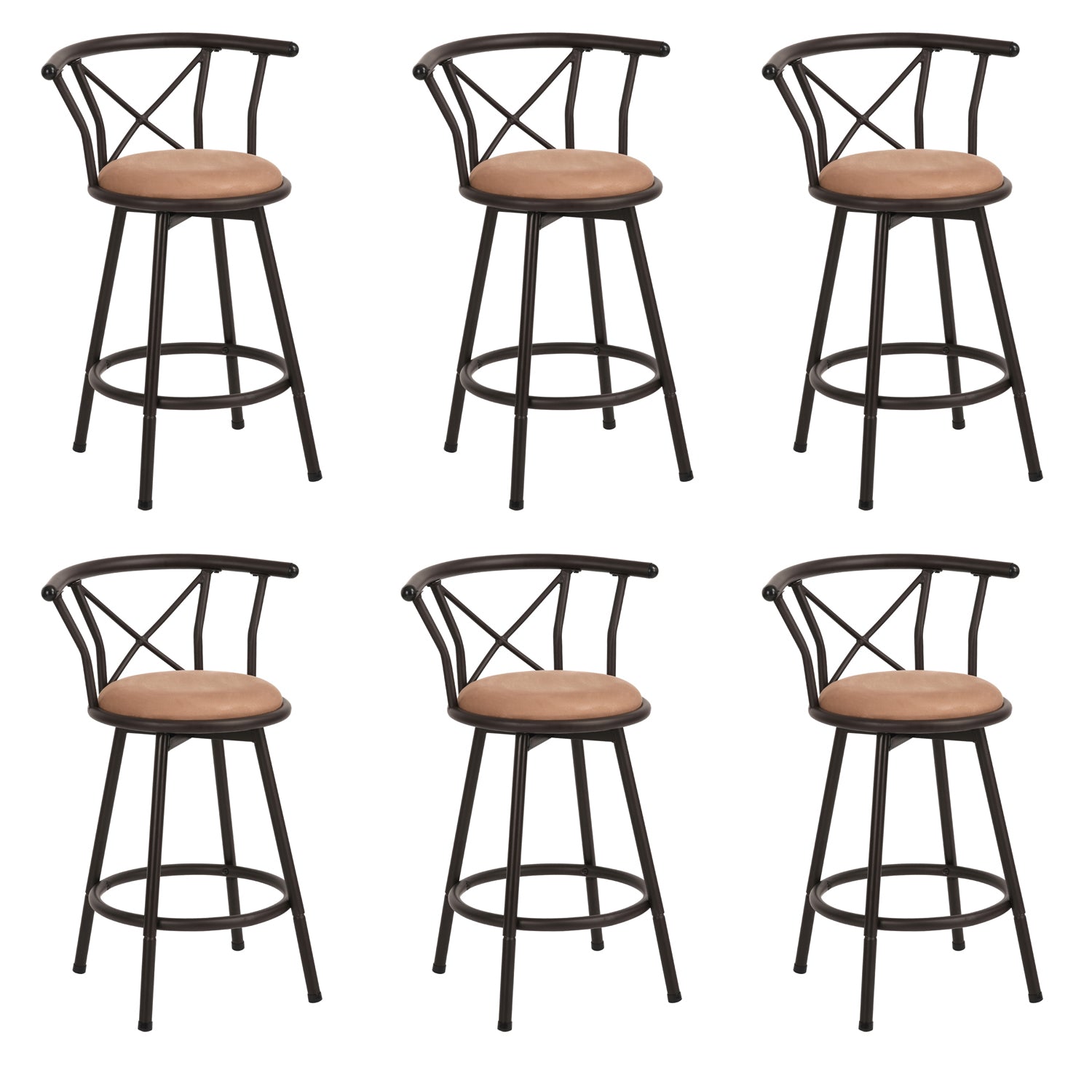 Set of 6 swivel industrial bar stools with brown fabric backrest - Hailey 24