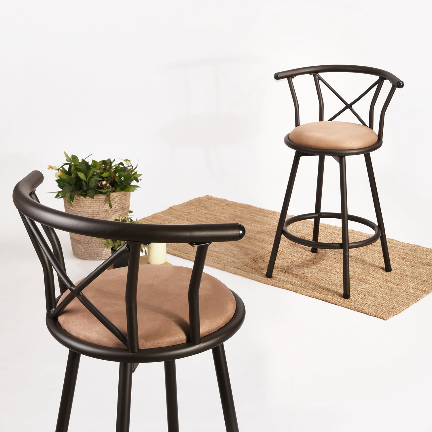 Lot de 2 tabourets de bar industriels pivotants avec dossier en tissu marron - HAILEY 24