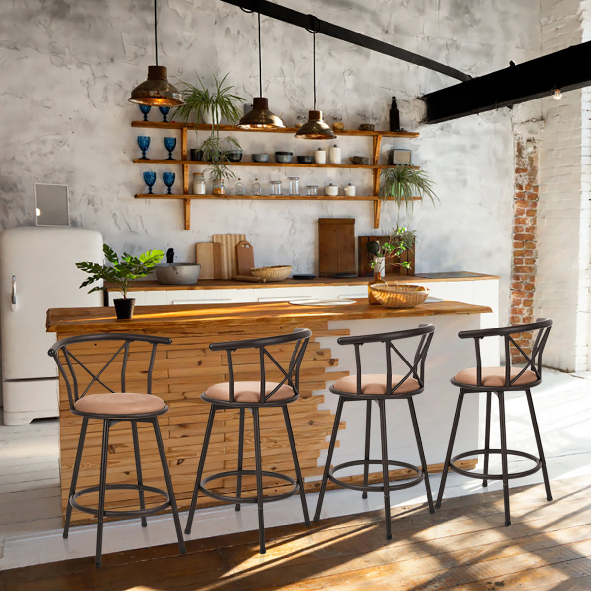 Set of 4 pivoting industrial bar stools with brown fabric file - Hailey 24