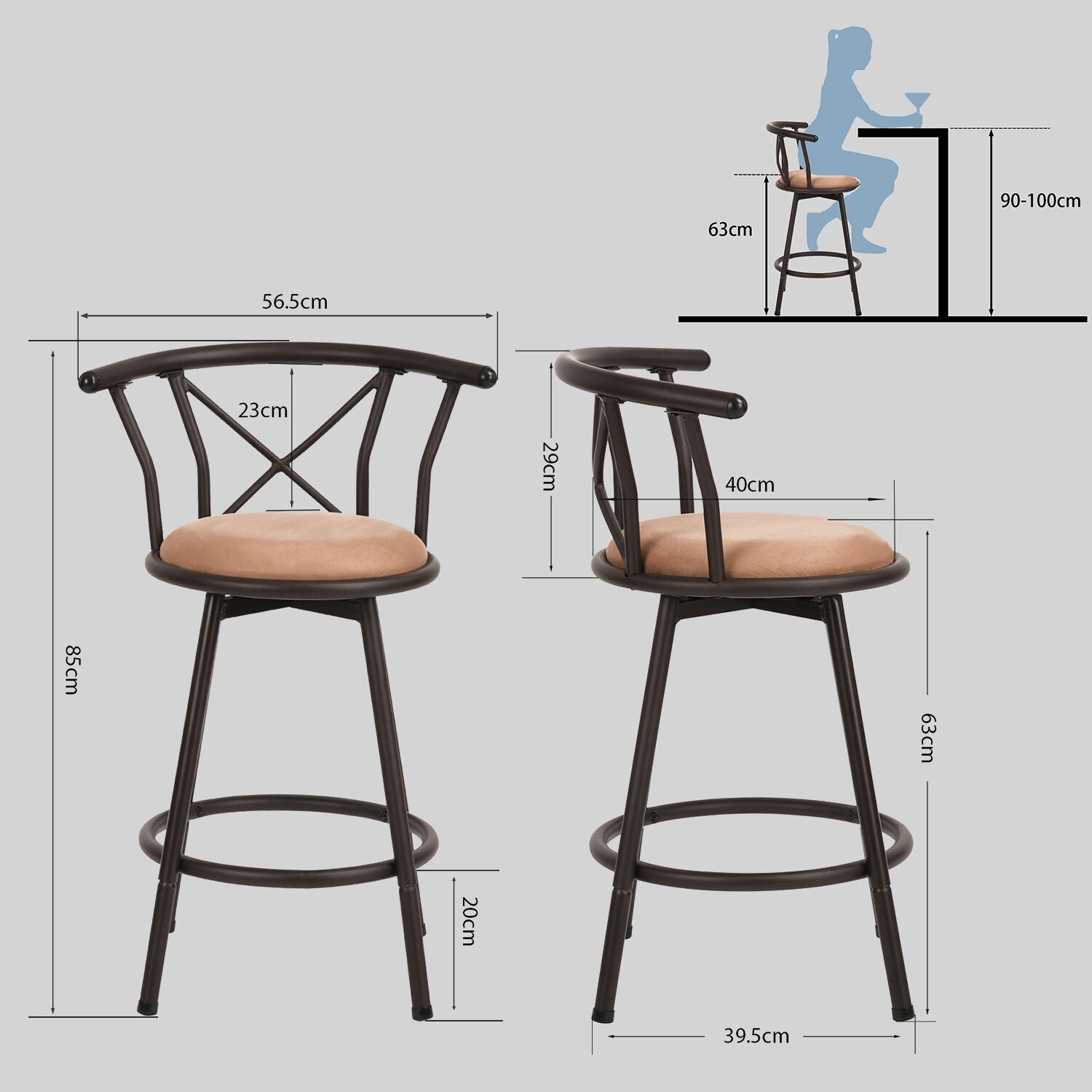 Lot de 2 tabourets de bar industriels pivotants avec dossier en tissu marron - HAILEY 24