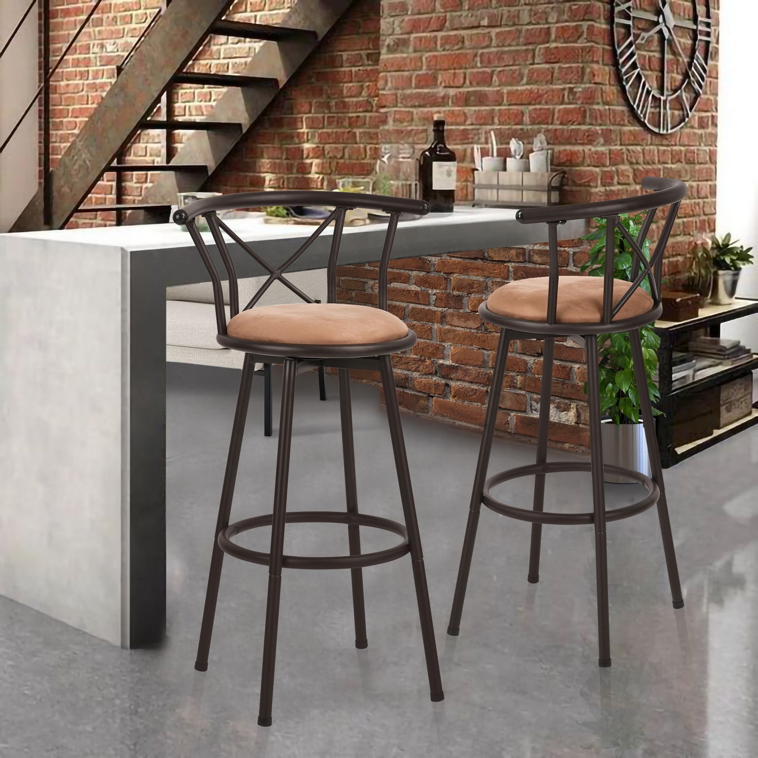 Set von 6 schwenkbaren Industriestangenhockern mit brauner Stoffrückländer - Hailey 29