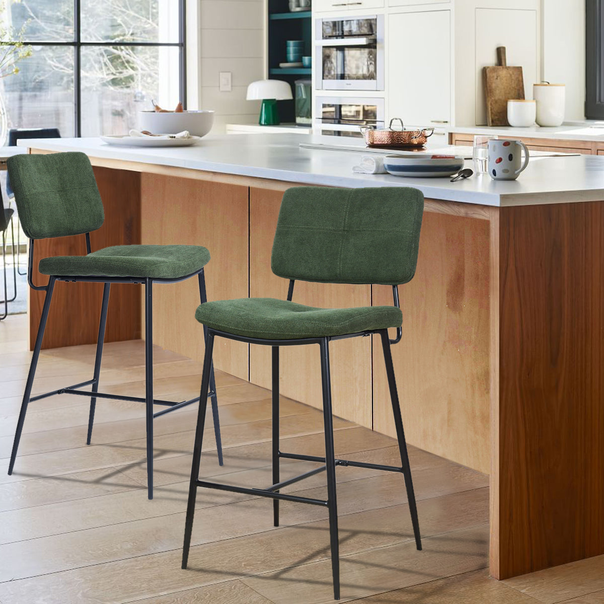 Set of 2 industrial bar stools with green fabric back - INDEPENDENCE BAR