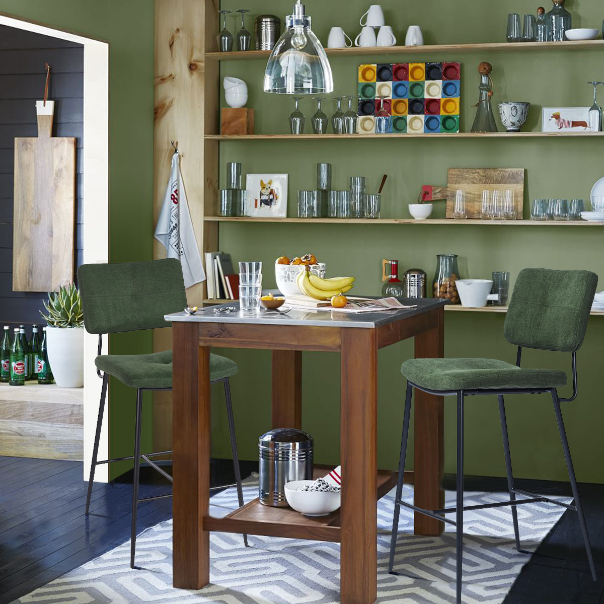 Set of 2 industrial bar stools with green fabric back - INDEPENDENCE BAR