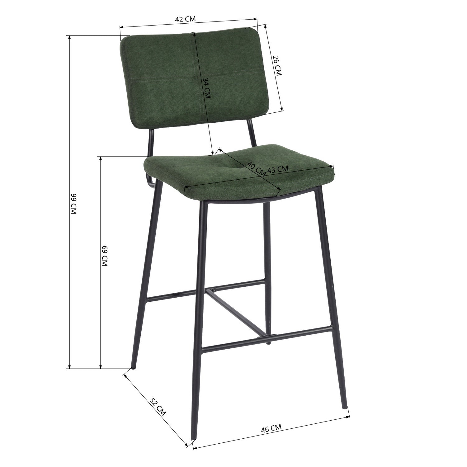 Set of 2 industrial bar stools with green fabric back - INDEPENDENCE BAR
