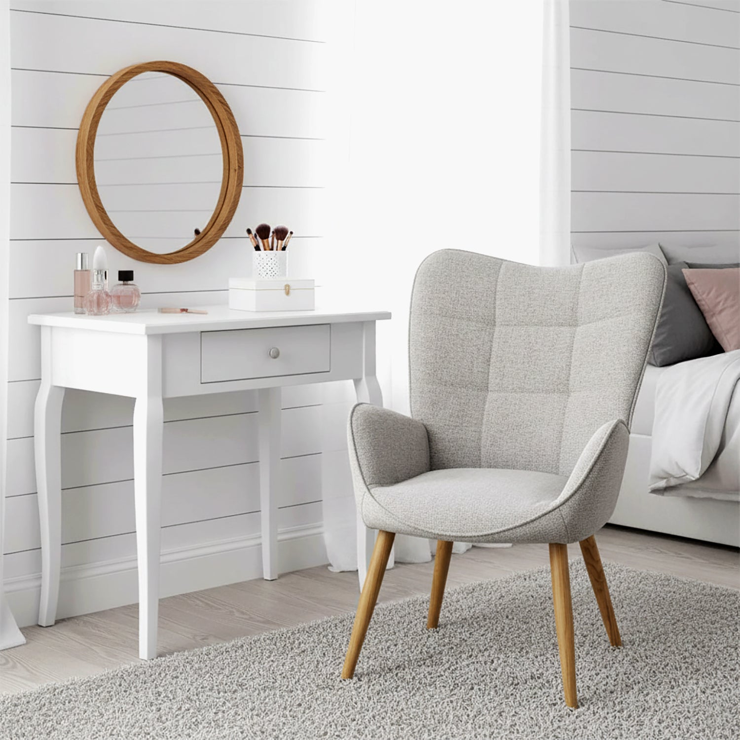 Fauteuil scandinave avec accoudoirs en tissu gris à surpiqûres - KANAS