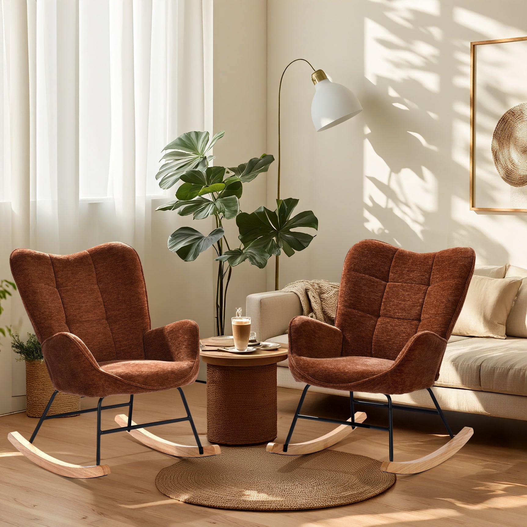 Fauteuil à bascule allaitement scandinave avec accoudoirs en chenille rouge brique à surpiqûres - KANAS