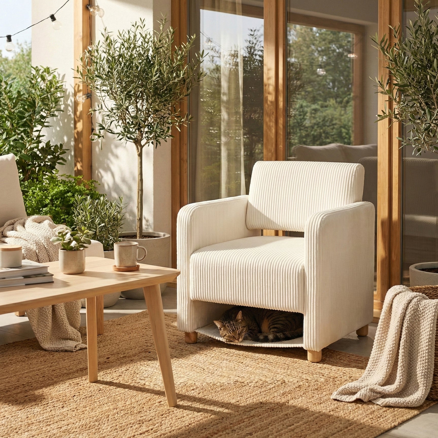 Lounge armchair with armrests in beige corduroy - DOMCO