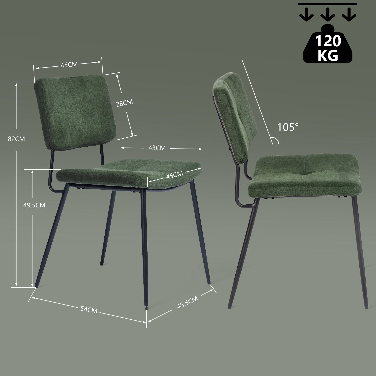 Ensemble table à manger extensible noire et 4 chaises en tissu vert, style scandinave
