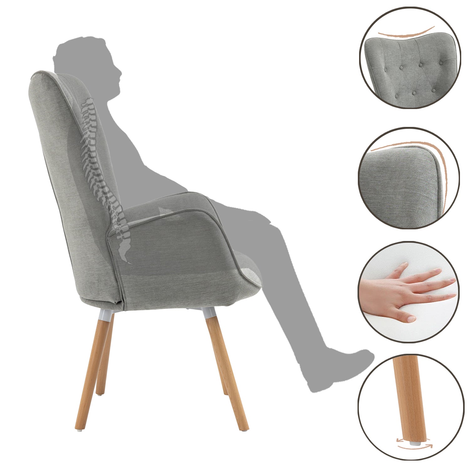 Fauteuil scandinave avec accoudoirs en tissu gris capitonné - KAS
