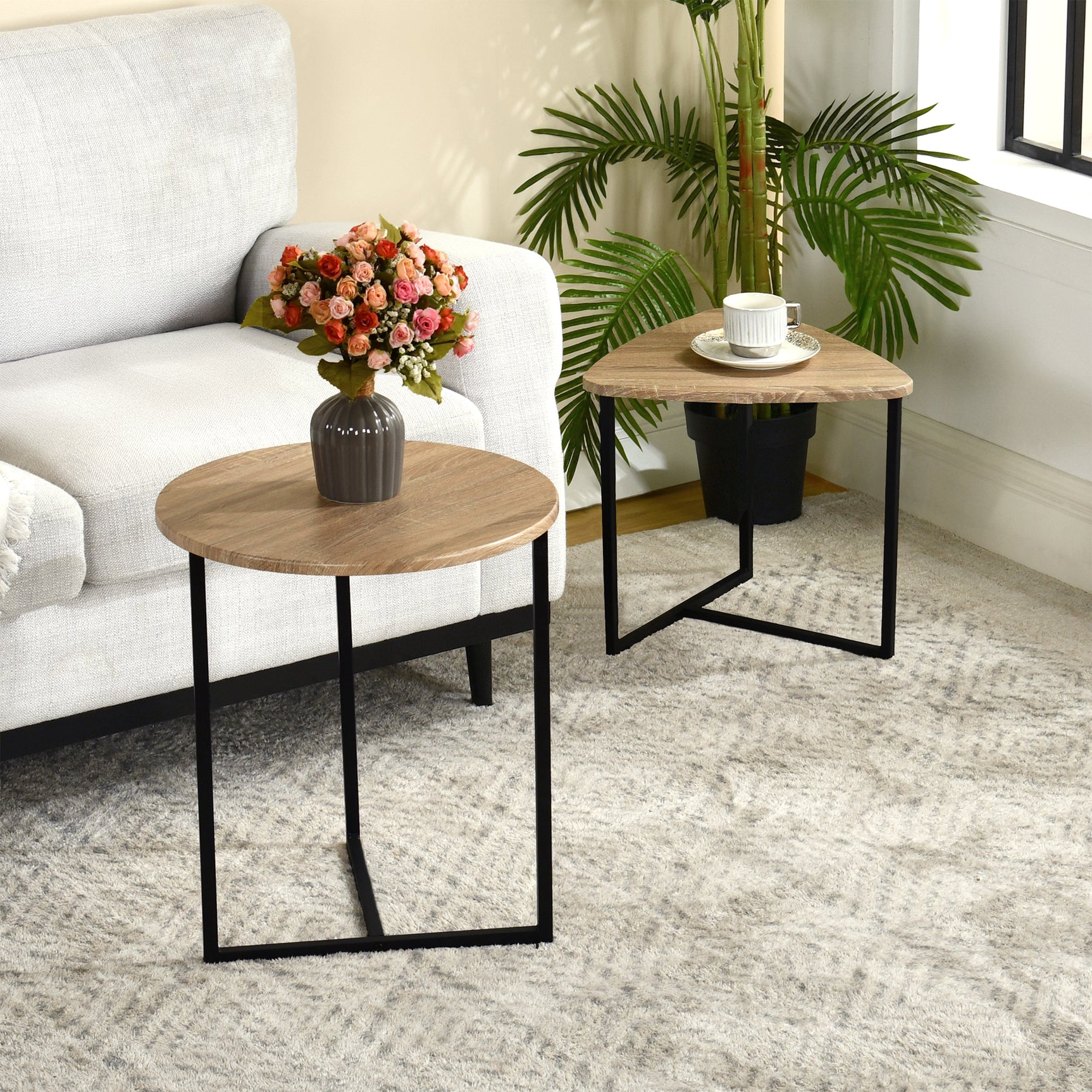 Lot de 2 tables basses gigognes style industriel en métal noir et bois imitation chêne - LAYA