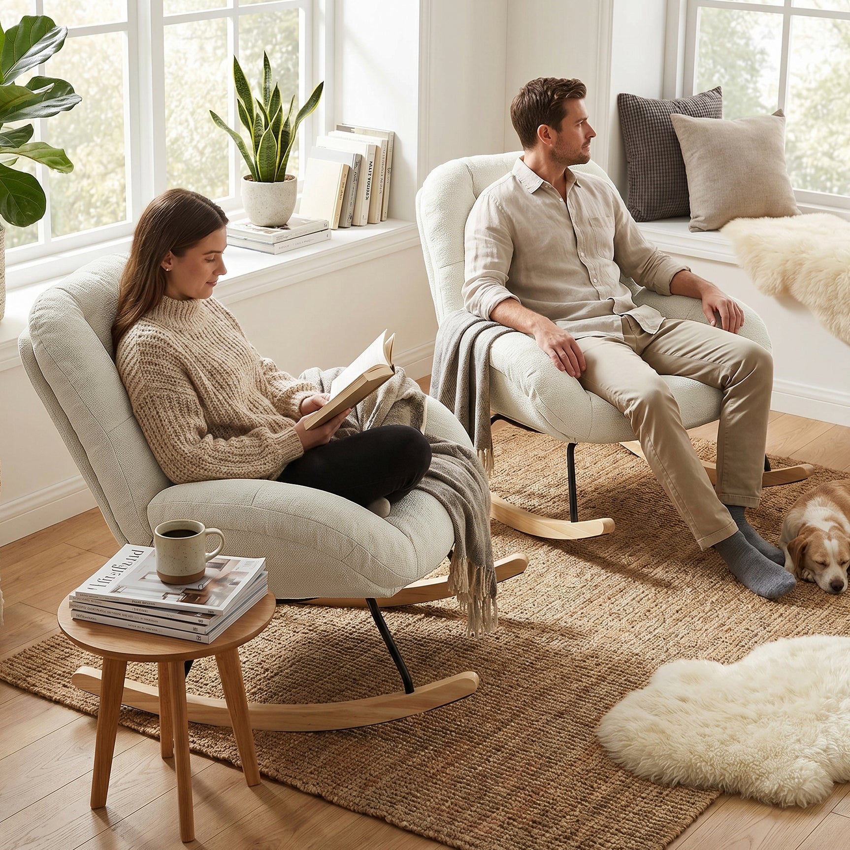Lot de 2 fauteuil à bascule scandinave en tissu chenille avec accoudoirs pour salon ou chambre à coucher, beige - LITHOPS