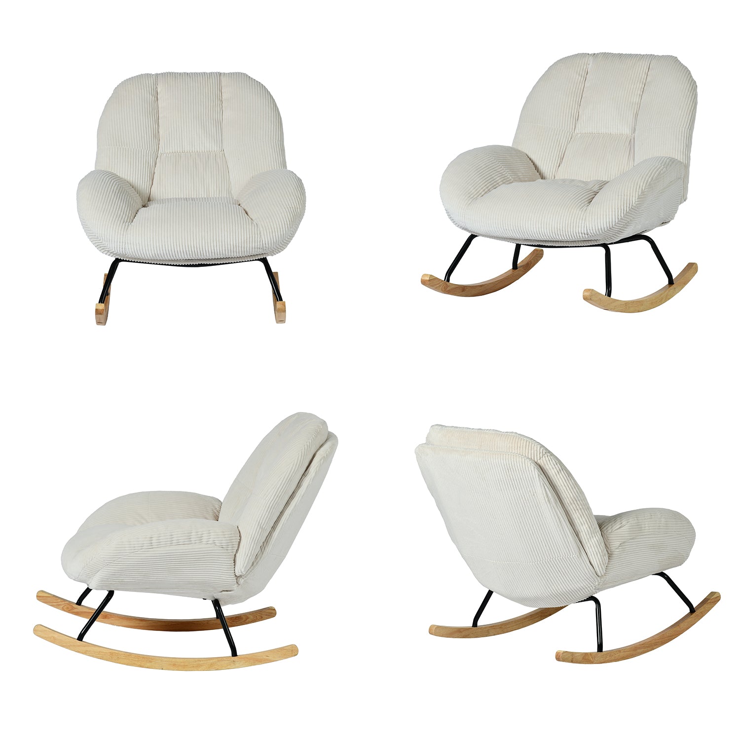 Fauteuil à bascule scandinave en velours côtelé avec accoudoirs pour salon ou chambre à coucher, beige - LITHOPS