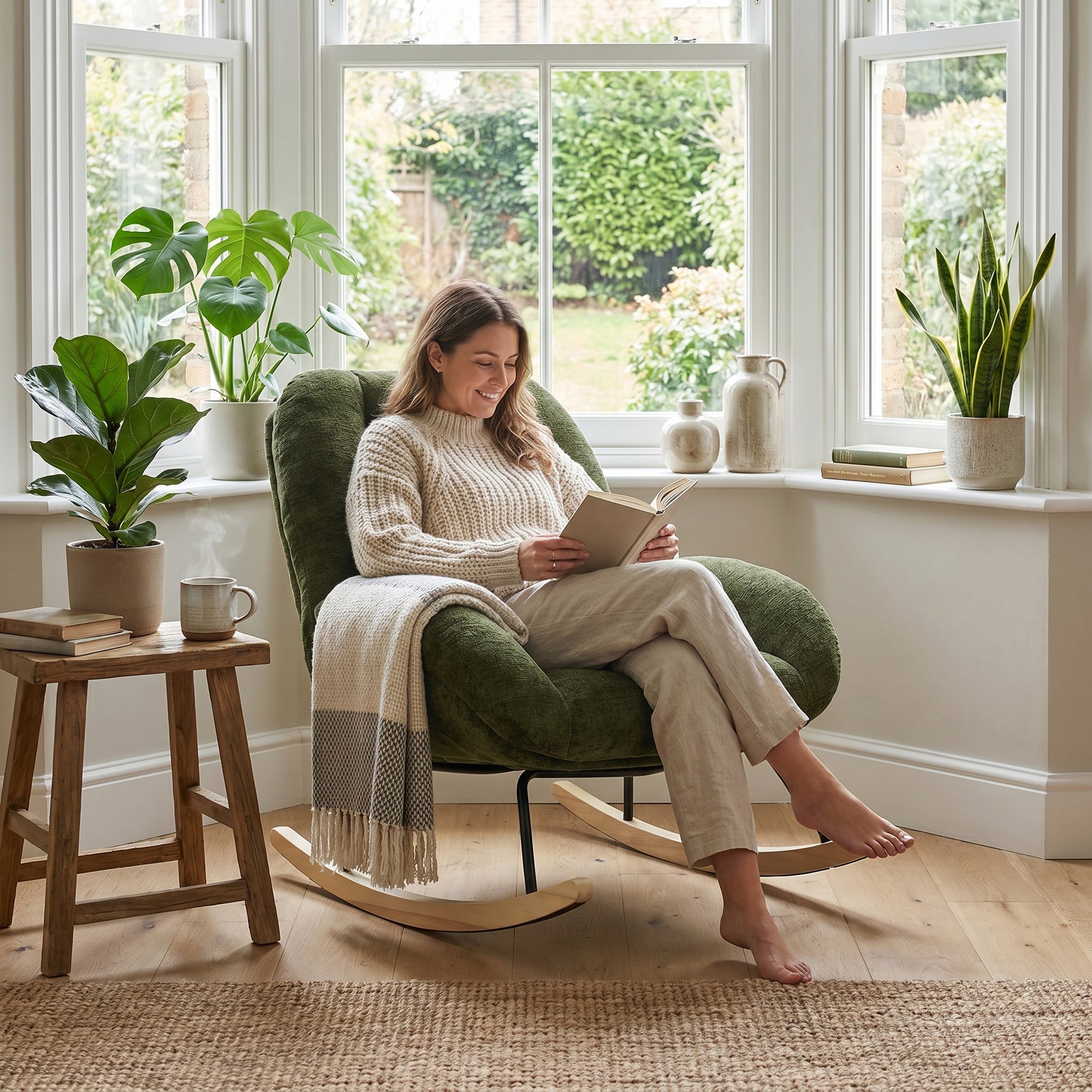 Lot de 2 fauteuil à bascule scandinave en tissu chenille avec accoudoirs pour salon ou chambre à coucher, vert - LITHOPS