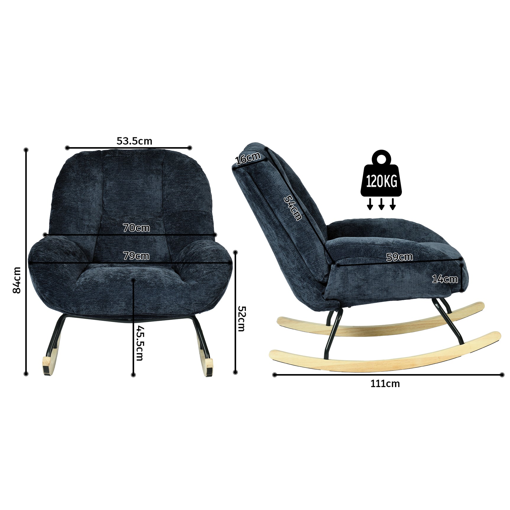 Lot de 2 fauteuil à bascule scandinave en tissu chenille avec accoudoirs pour salon ou chambre à coucher, bleu - LITHOPS