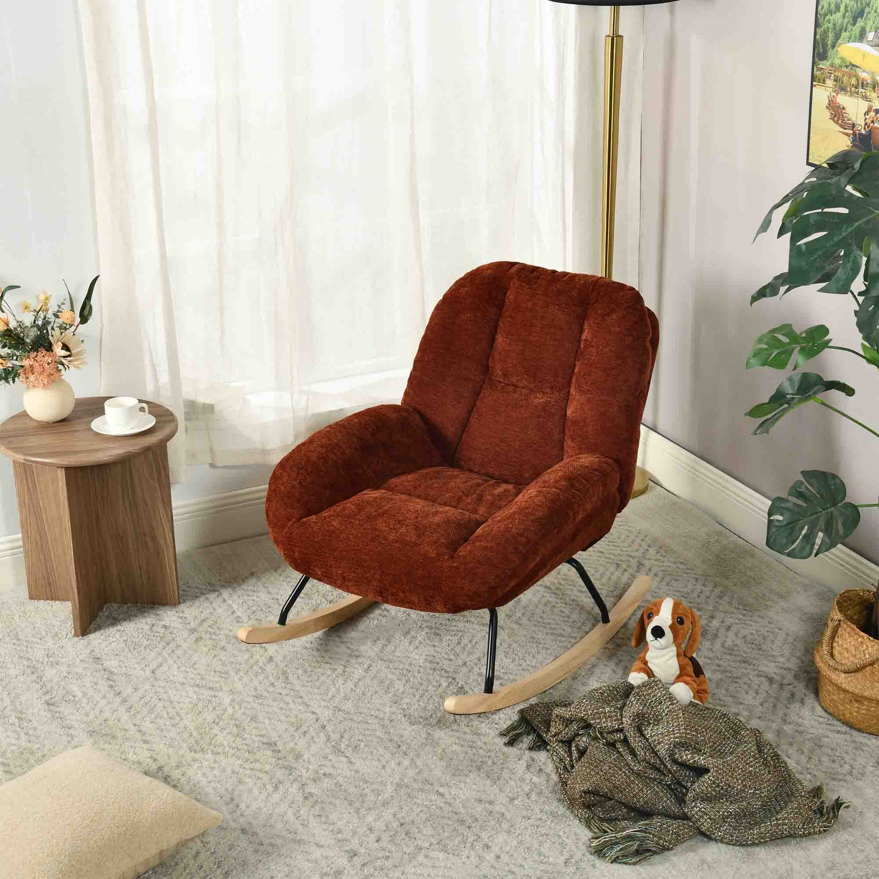 Fauteuil à bascule scandinave en tissu chenille avec accoudoirs pour salon ou chambre à coucher, rouge - LITHOPS