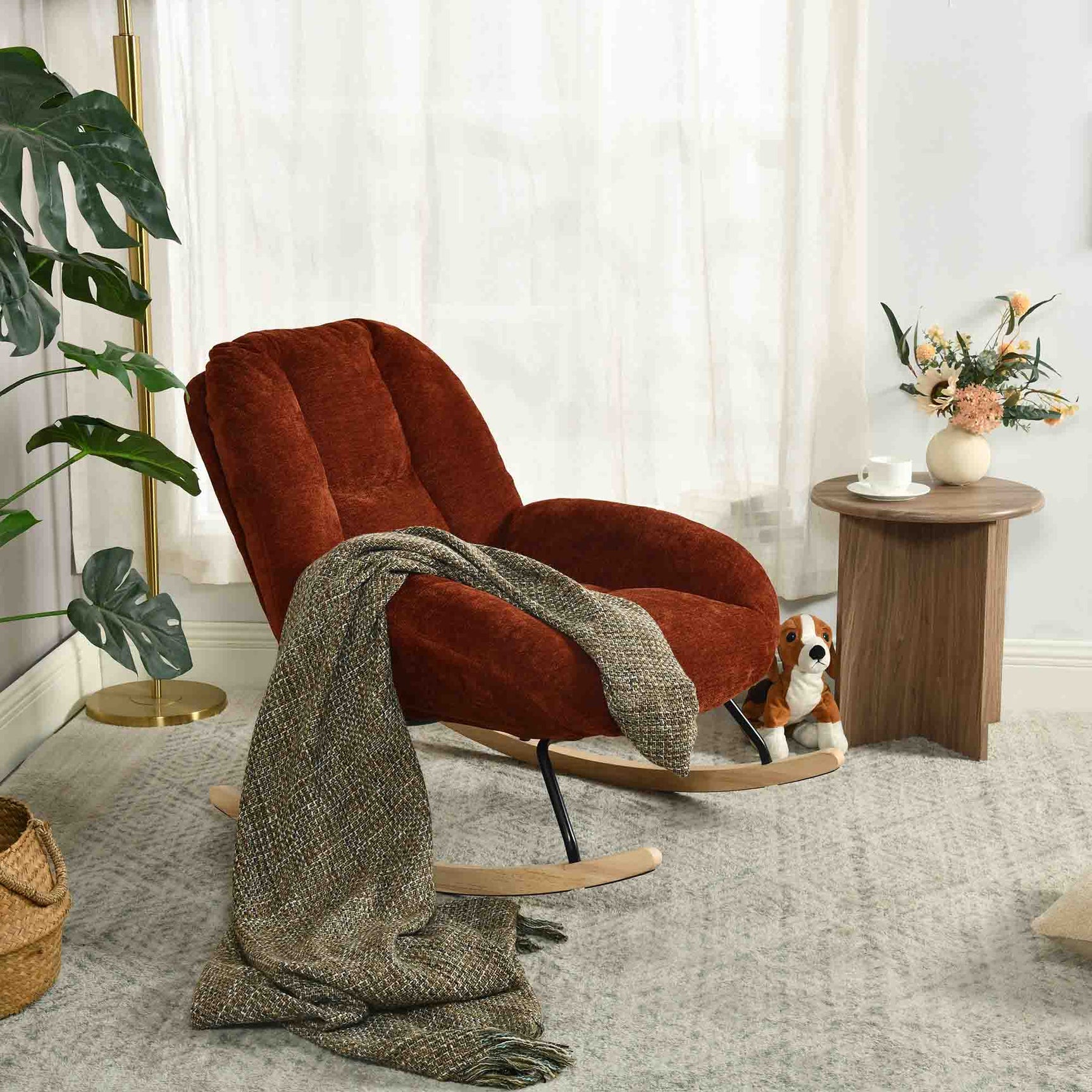 Fauteuil à bascule scandinave en tissu chenille avec accoudoirs pour salon ou chambre à coucher, rouge - LITHOPS