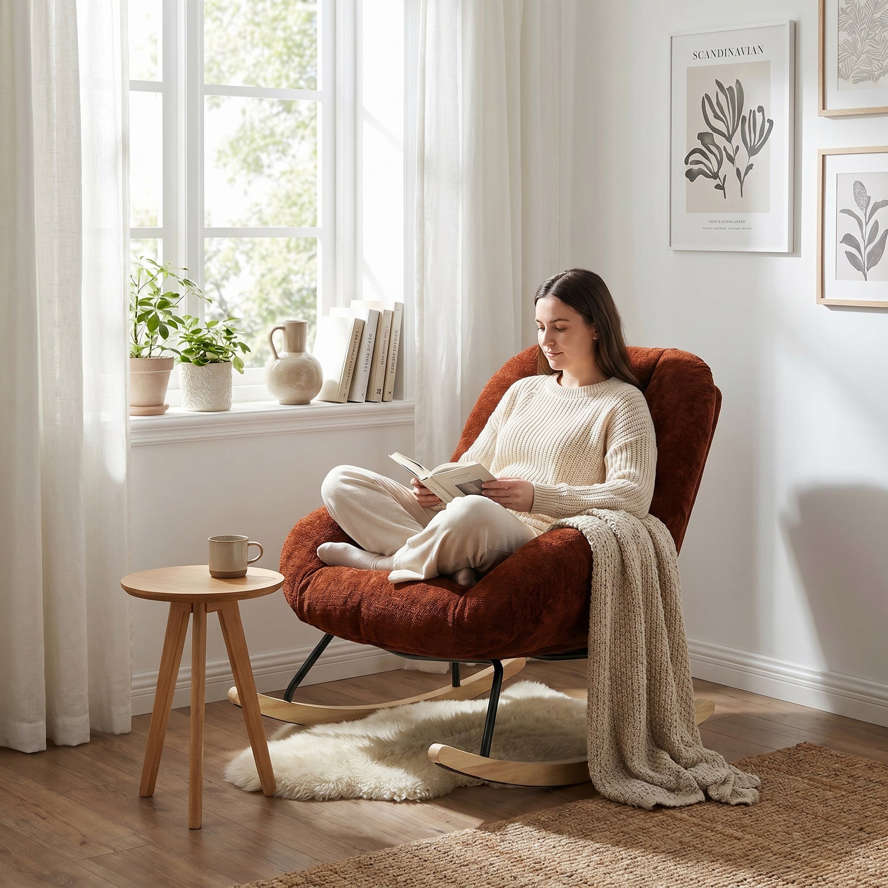 Fauteuil à bascule scandinave en tissu chenille avec accoudoirs pour salon ou chambre à coucher, rouge - LITHOPS