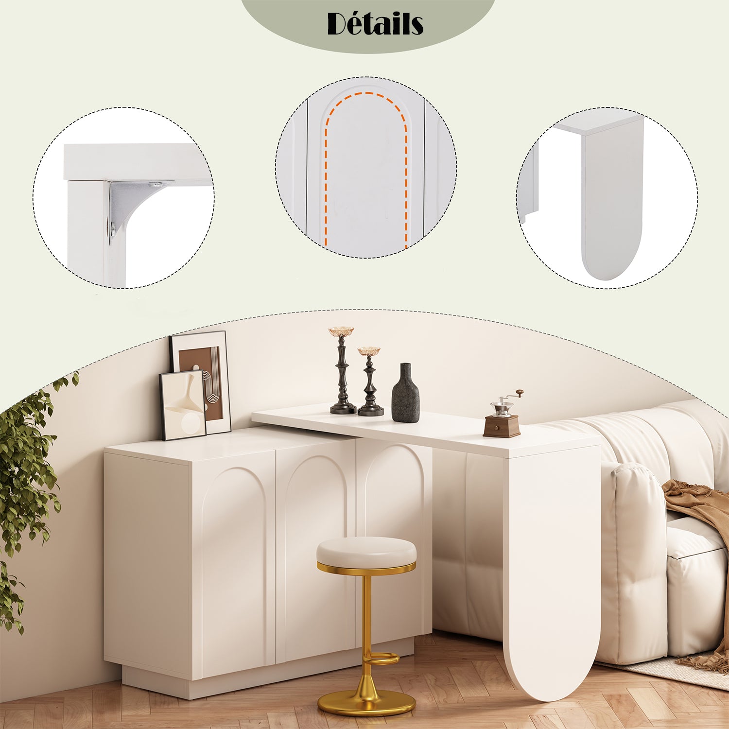 Bureau d'angle pivotant blanc en forme de L avec 3 placards de rangement