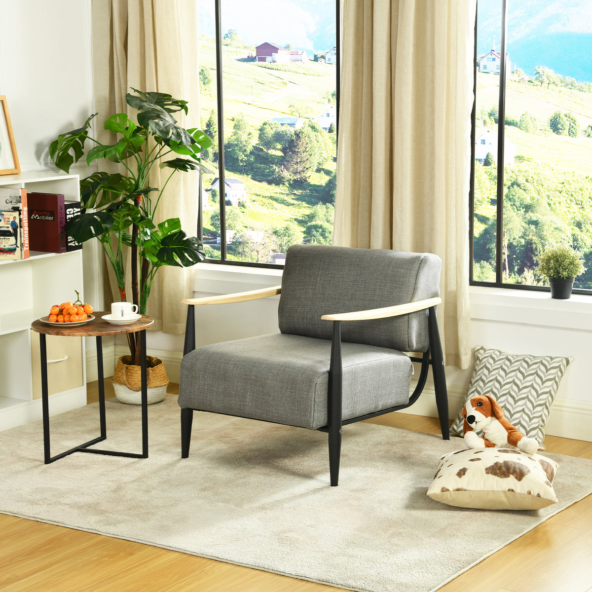 Lounge armchair with armrests in beige corduroy - DOMCO