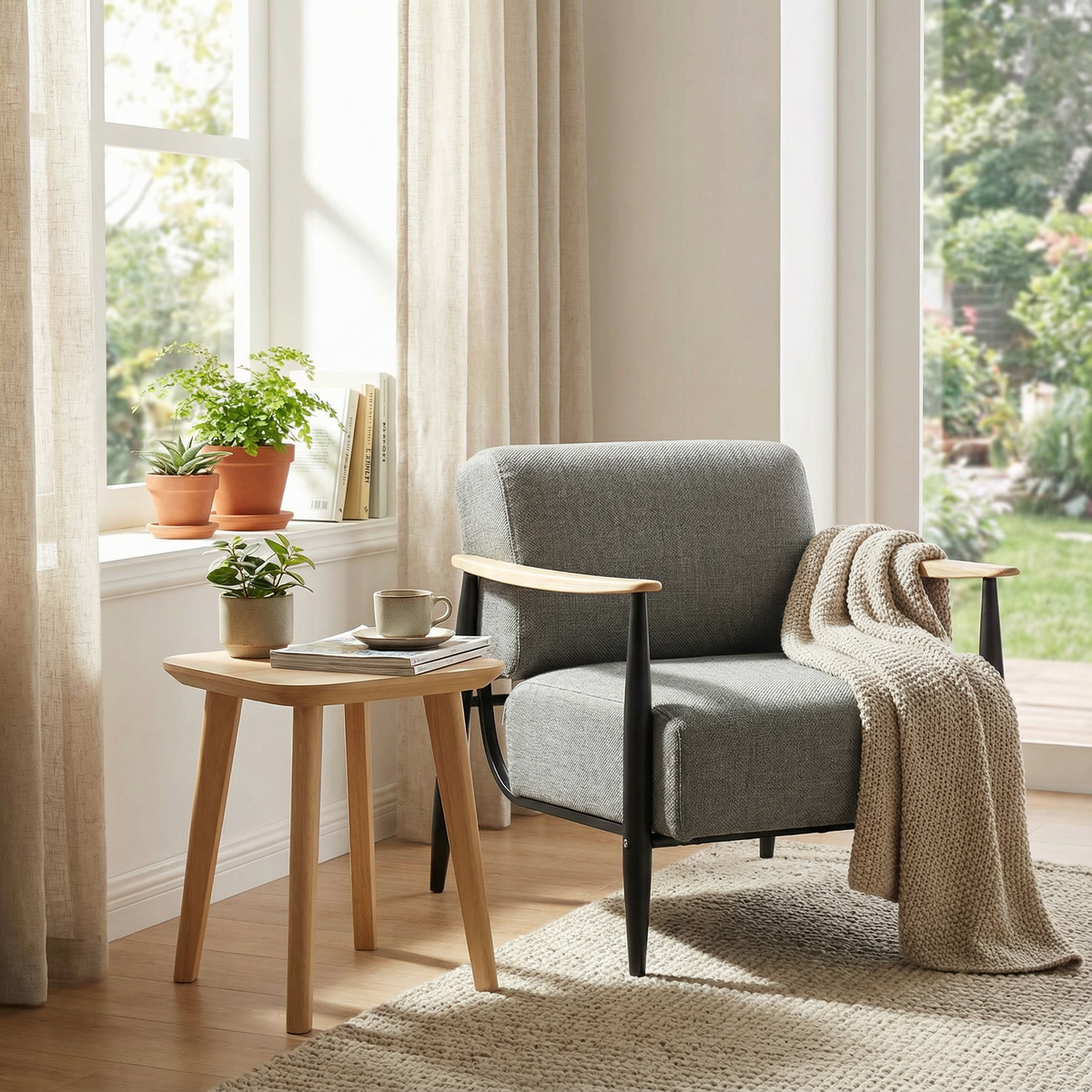 Lounge armchair with armrests in beige corduroy - DOMCO