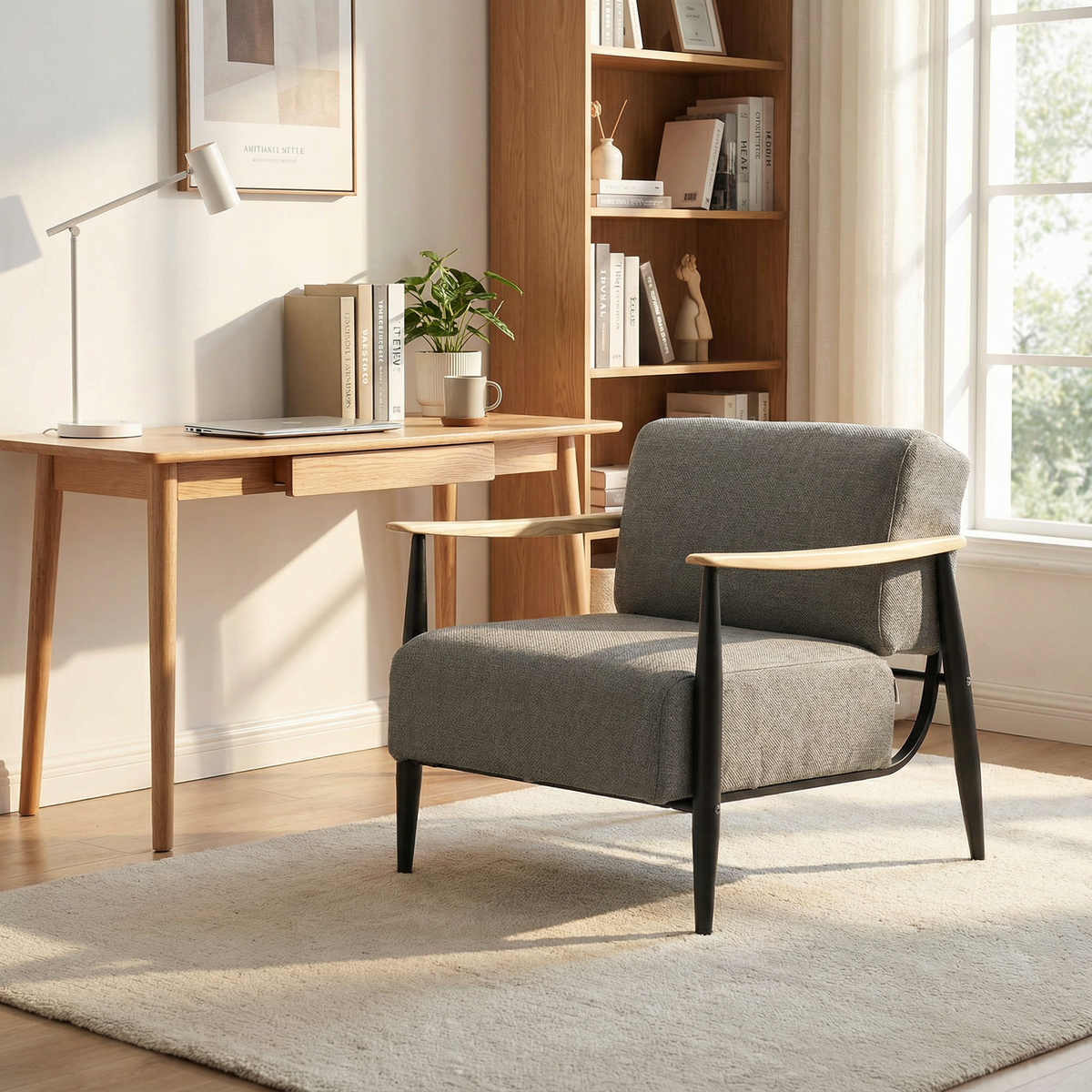 Lounge armchair with armrests in beige corduroy - DOMCO
