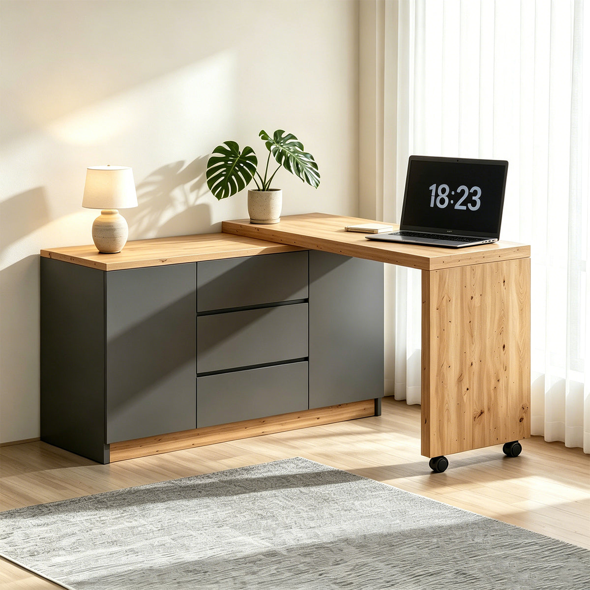 Bureau pivotant multifonctionnel en MDF gris et chêne