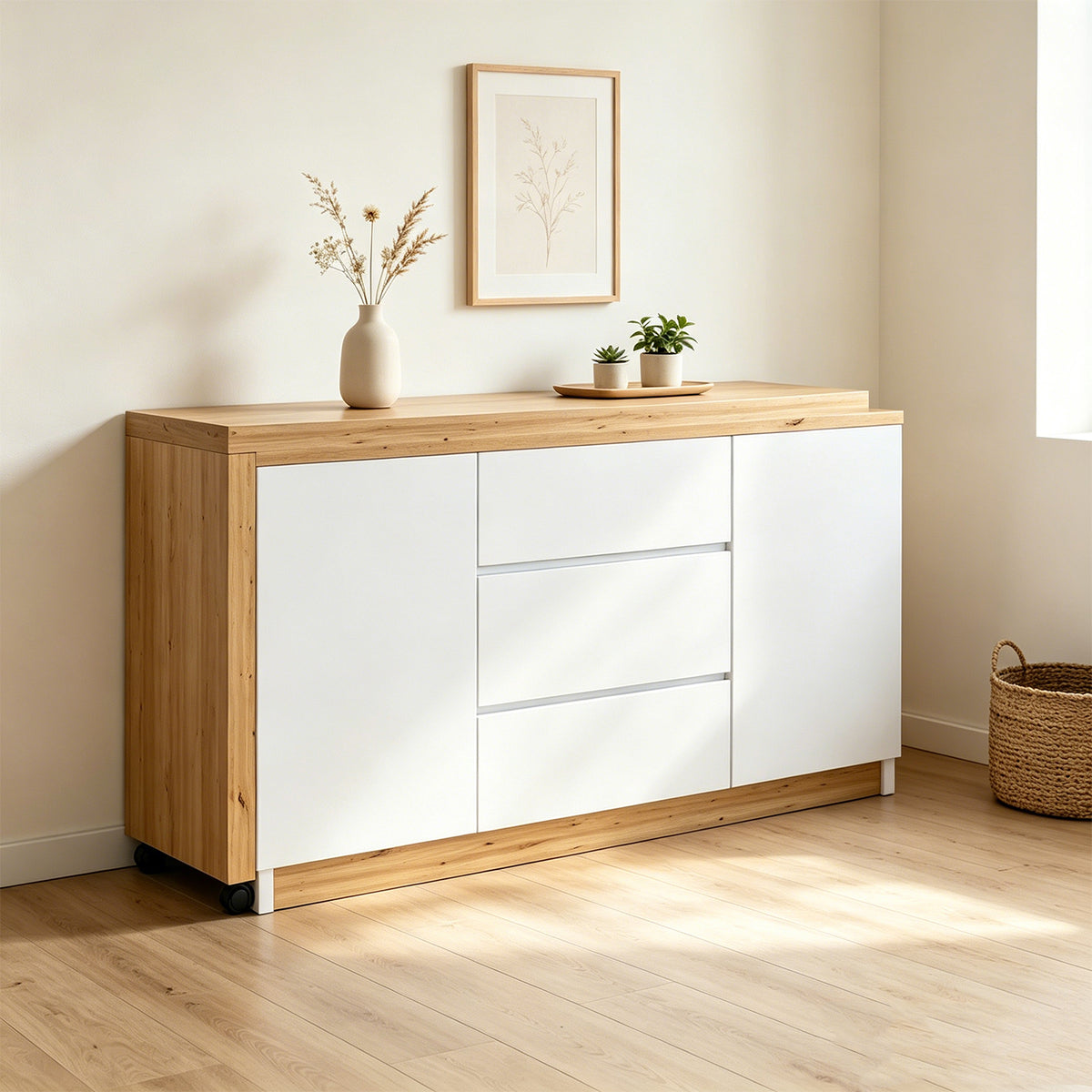 Bureau pivotant multifonctionnel en MDF blanc et chêne