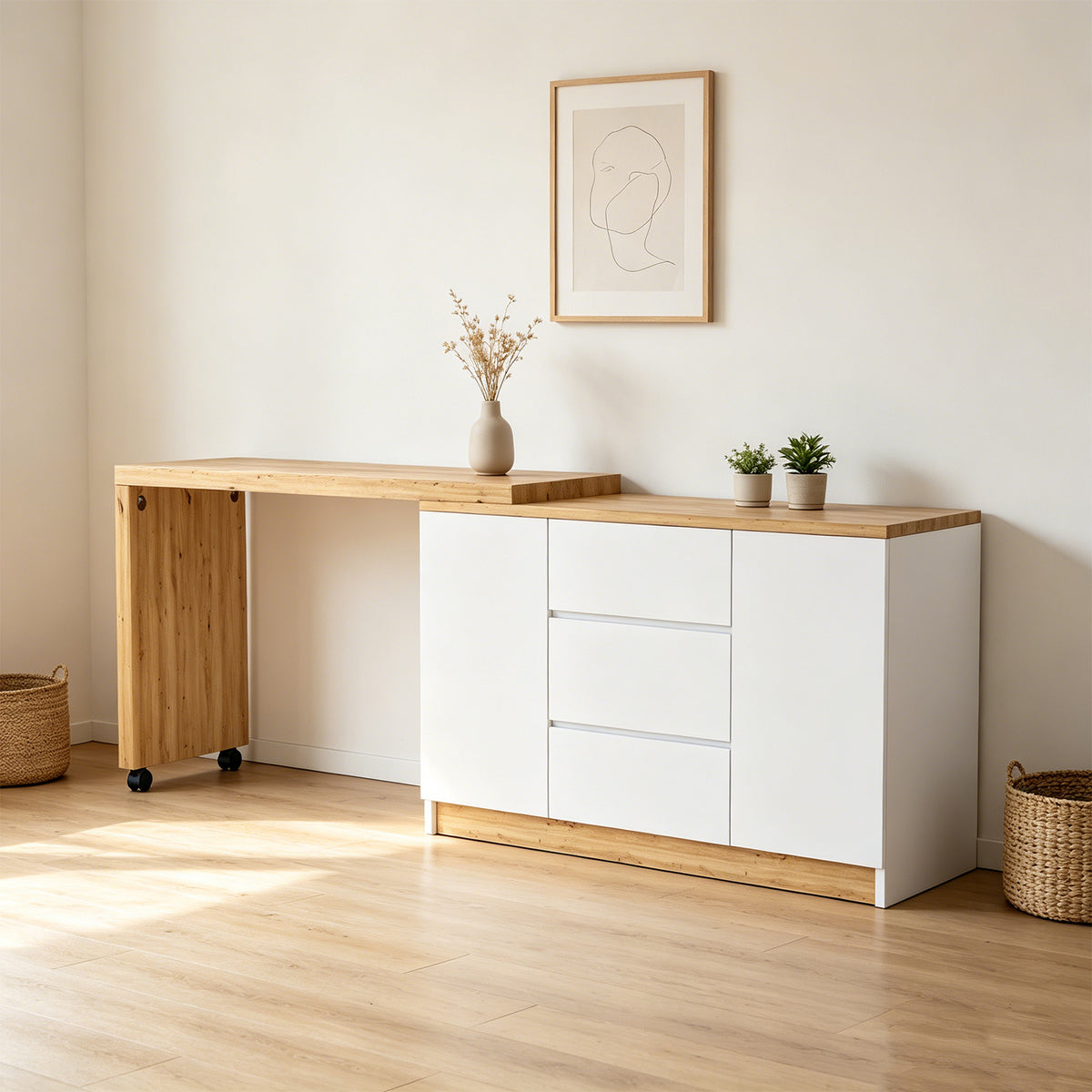 Bureau pivotant multifonctionnel en MDF blanc et chêne