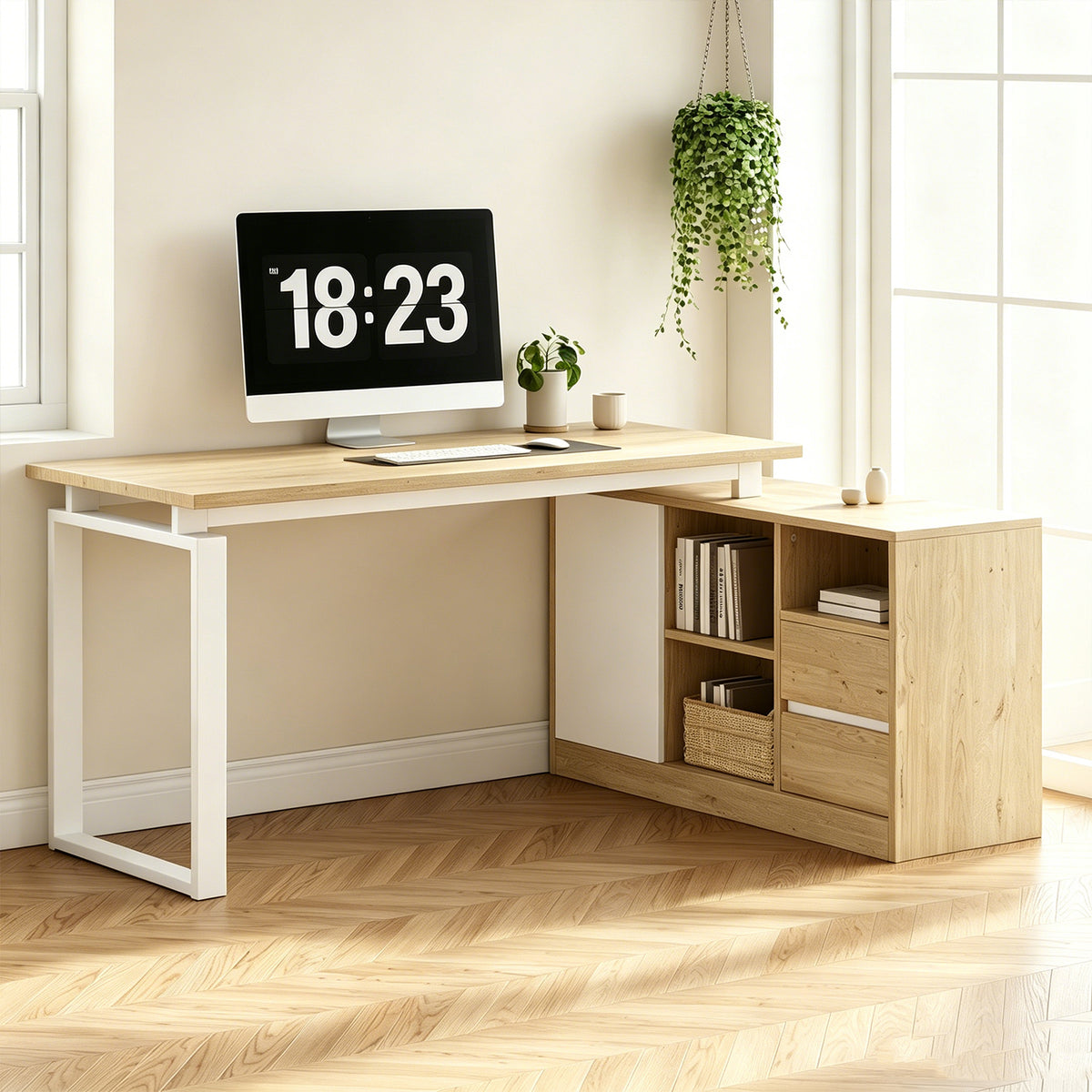 Bureau MDF blanc et ton bois naturel en forme de L