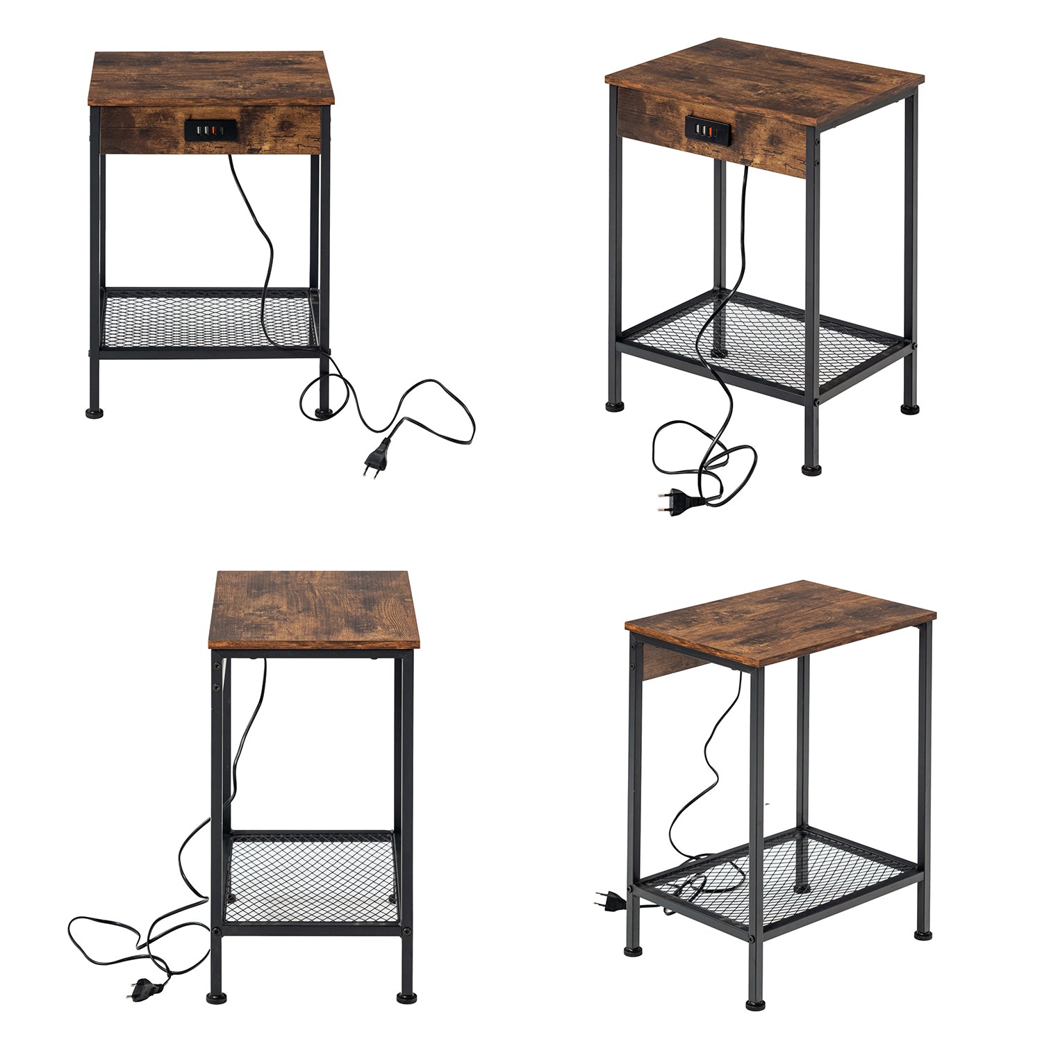 Actoint table/end of industrial design in vintage brown and black metal with double tray and integrated USB ports - Oakham