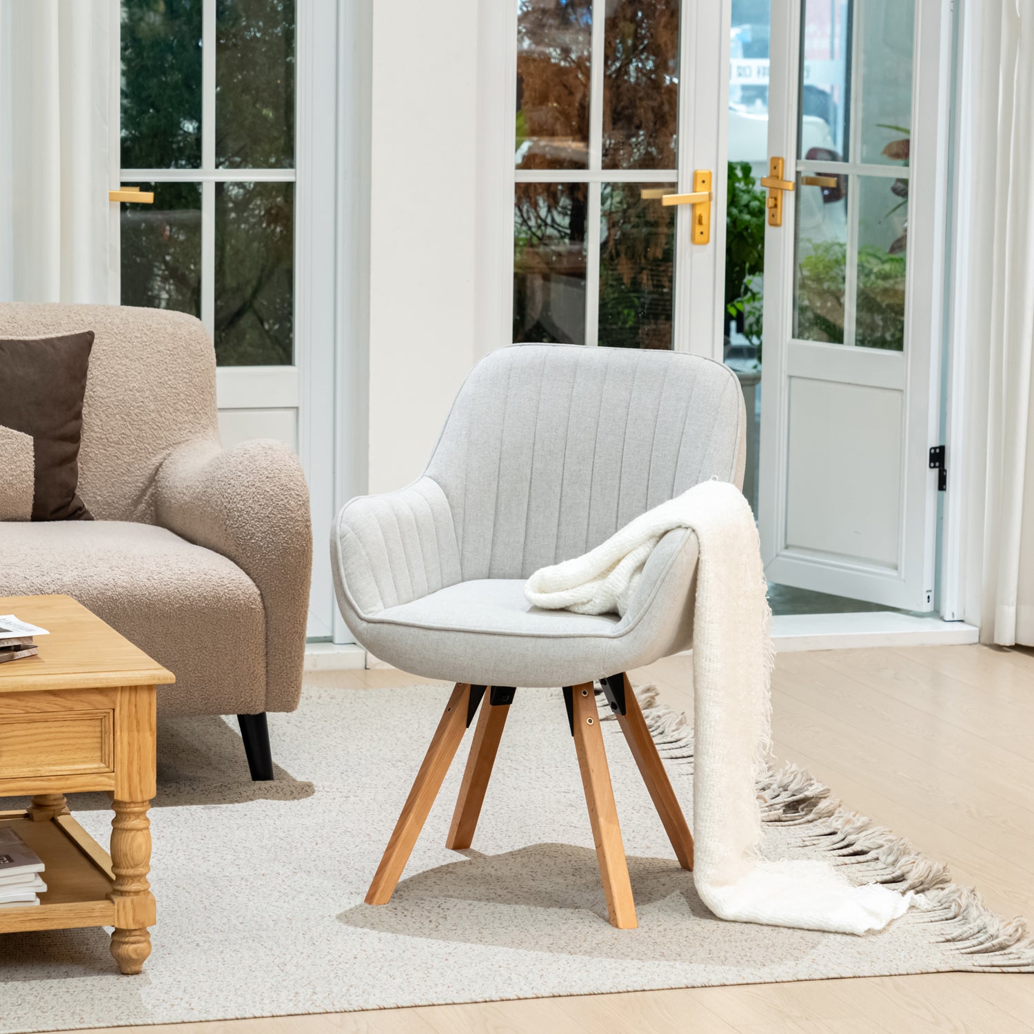 Comfortable dining room chair in beige fabric, 360° swivel - CARSON FABRIC BEIGE