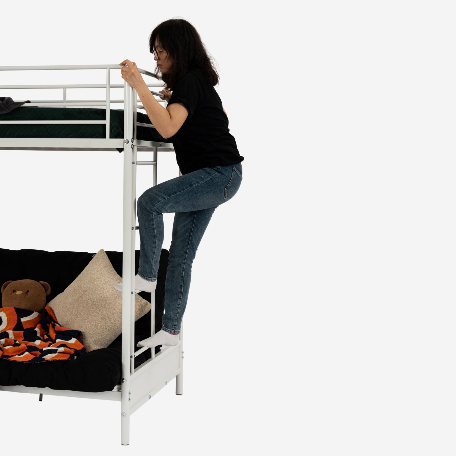 Lit superposé 90x190cm avec banquette convertible canapé et sommier à lattes en métal blanc (matelas non inclus) - LIBERTY