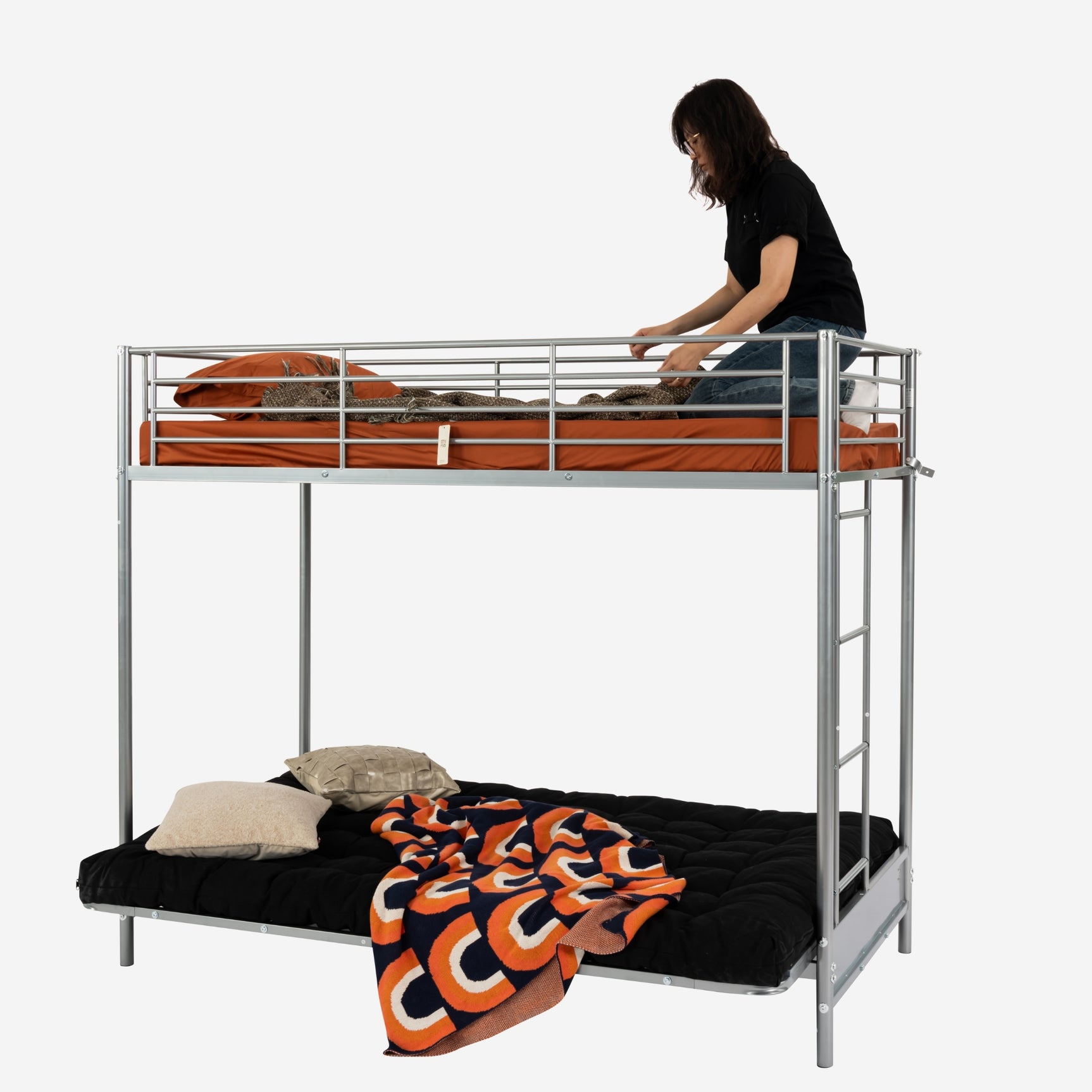 Ensemble lit superposé 90x190cm avec banquette convertible en métal argenté, et matelas futon pliable 2 places - LIBERTY N MICA