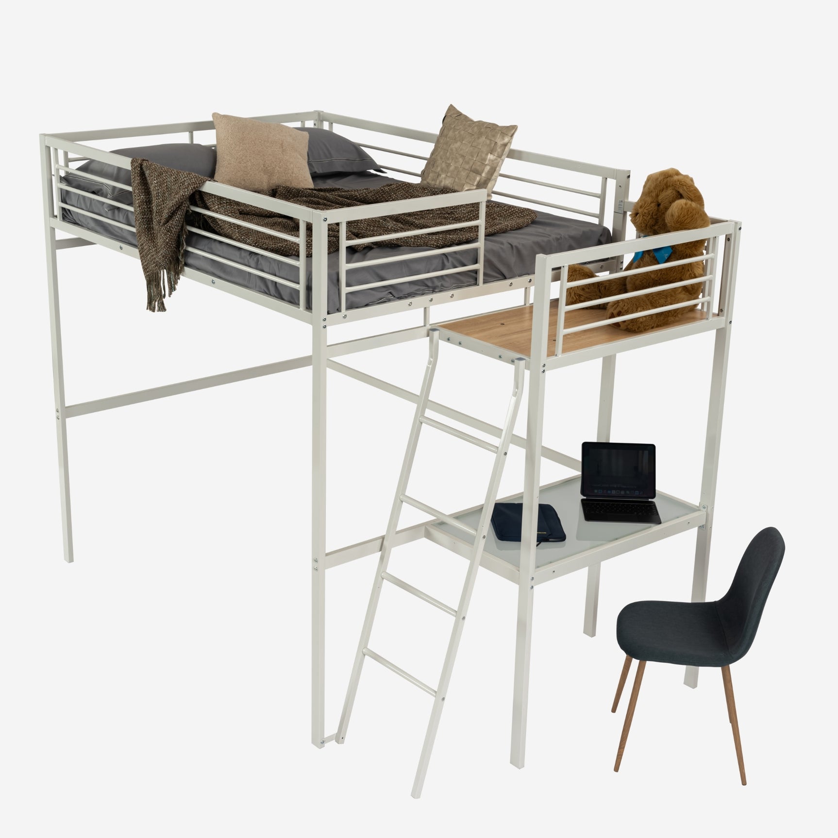 Lit mezzanine 2 places en métal blanc avec bureau intégré, couchage de 140x190cm (matelas non inclus) - LIONEL