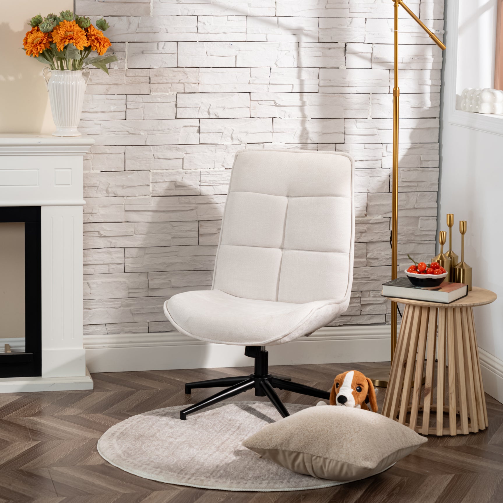 Adjustable leisure armchair in beige chenille fabric, 360° swivel - CHARLOTTE