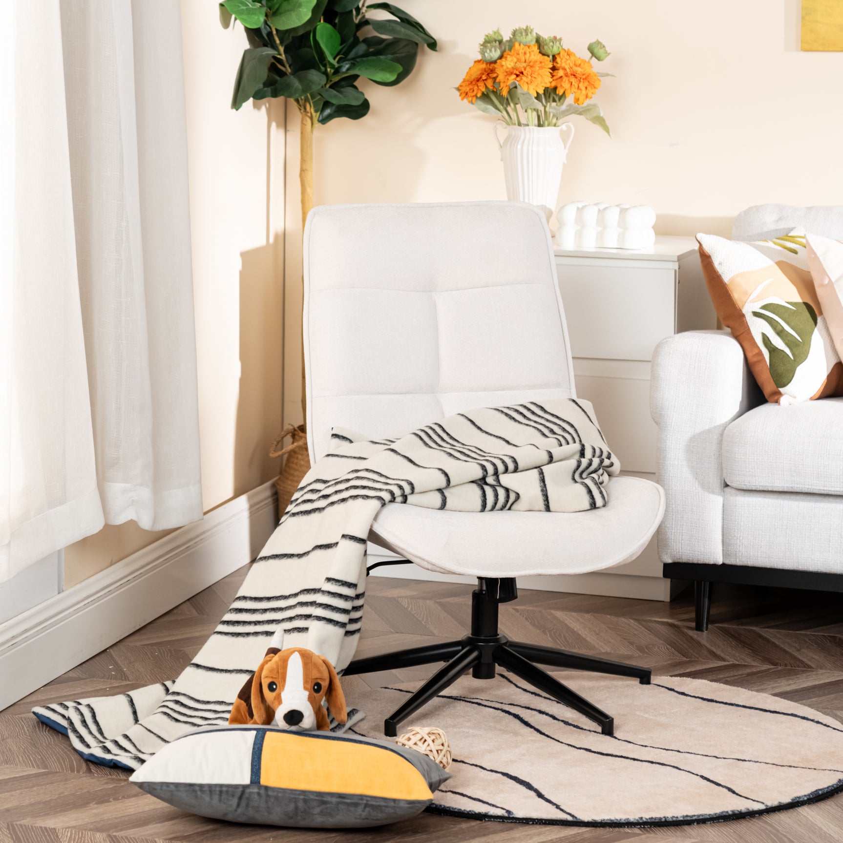 Adjustable leisure armchair in beige chenille fabric, 360° swivel - CHARLOTTE