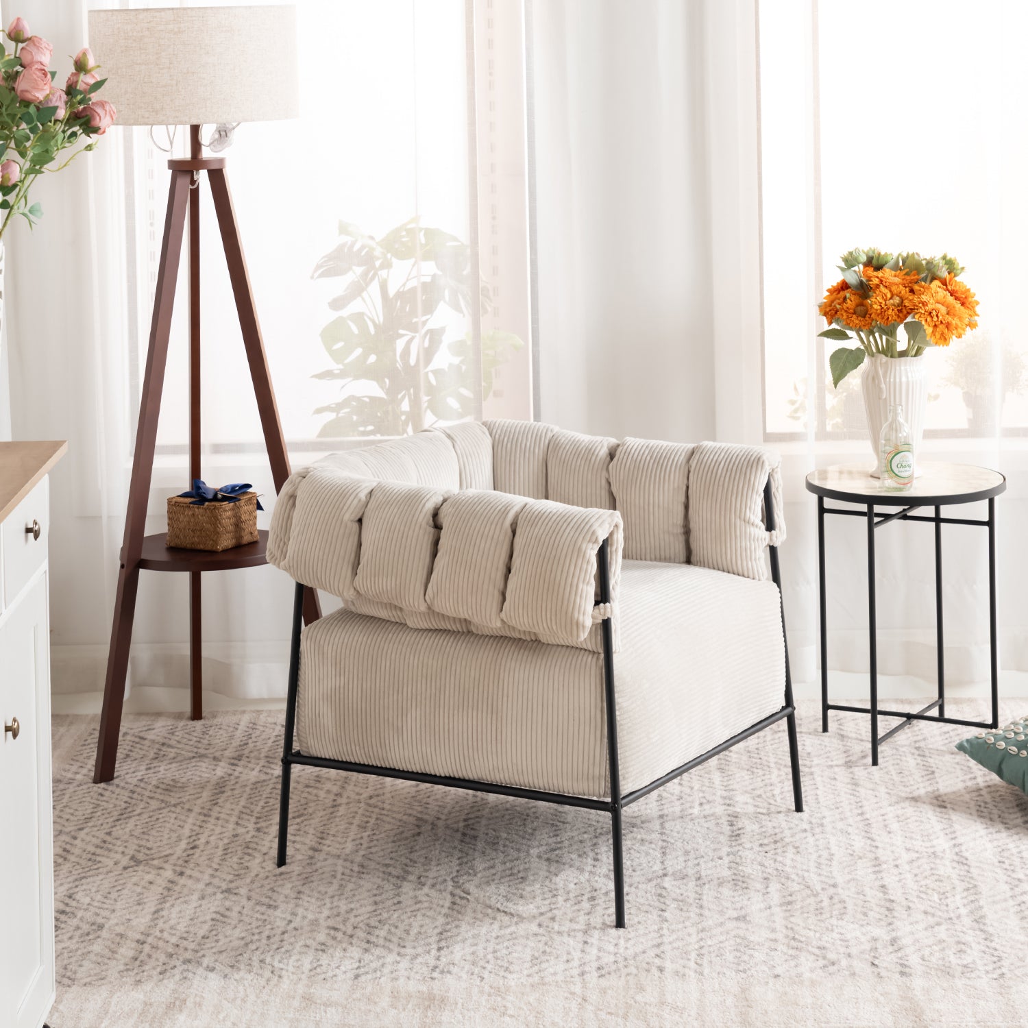 Lounge armchair with armrests in beige corduroy - DOMCO