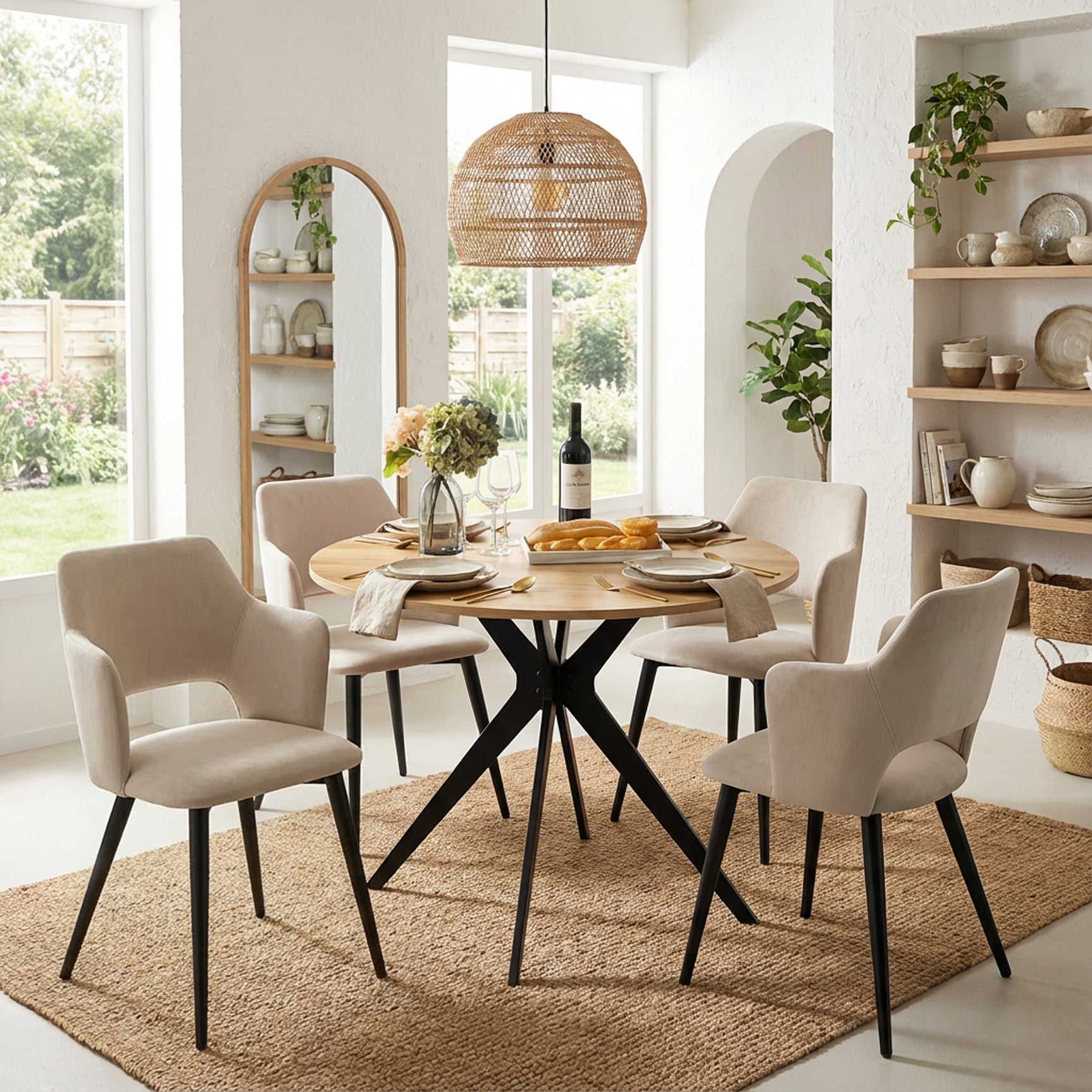 Round Table Table Table Table Timber Ø80 cm with 4 black velvet chairs, modern and comfortable style