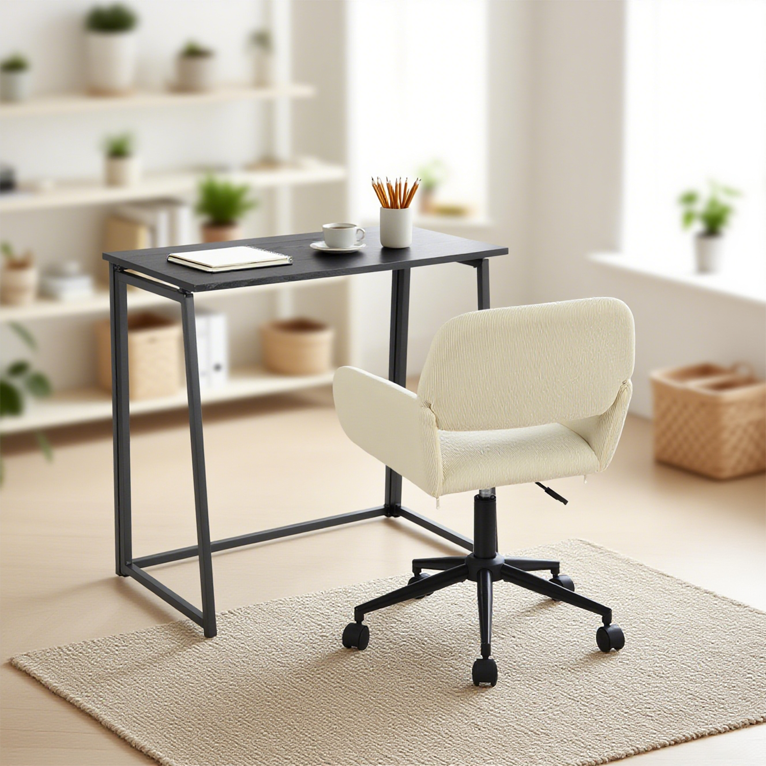Ensemble bureau pliable en métal noir et fauteuil de bureau en velours côtelé beige âââââââ€?ASCOLI & ROSS