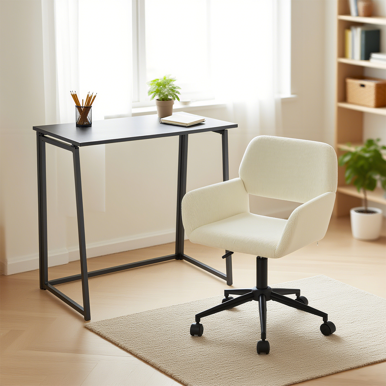 Ensemble bureau pliable en métal noir et fauteuil de bureau en velours côtelé beige âââââââ€?ASCOLI & ROSS