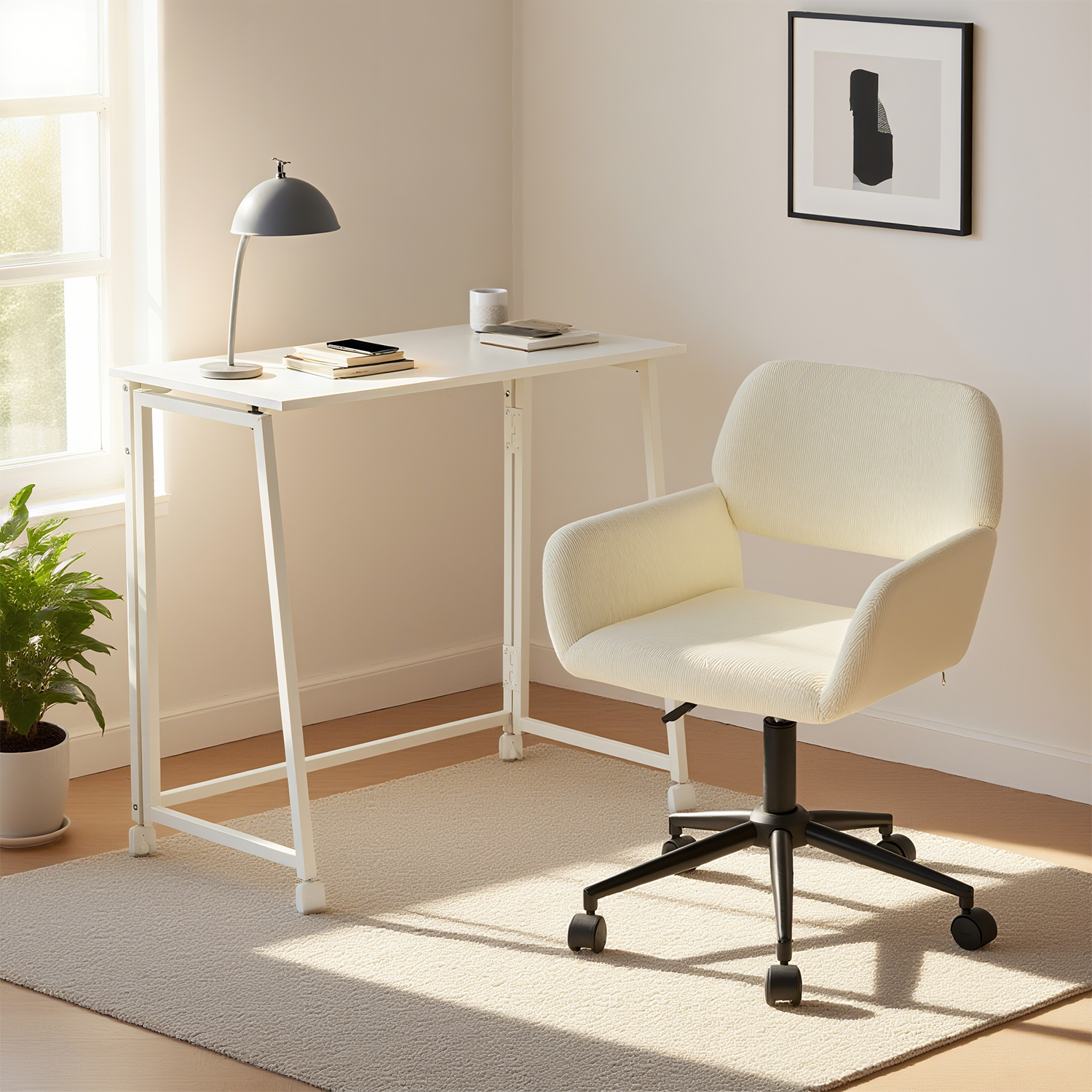 Ensemble avec bureau pliable blanc à roulettes et fauteuil en velours côtelé beige âââââââ€?ASCOLI & ROSS