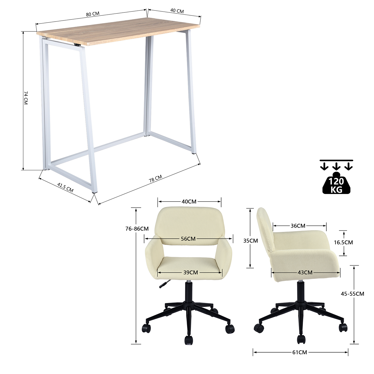Ensemble bureau pliable et fauteuil de bureau en velours côtelé beige âââââââ€?ASCOLI & ROSS