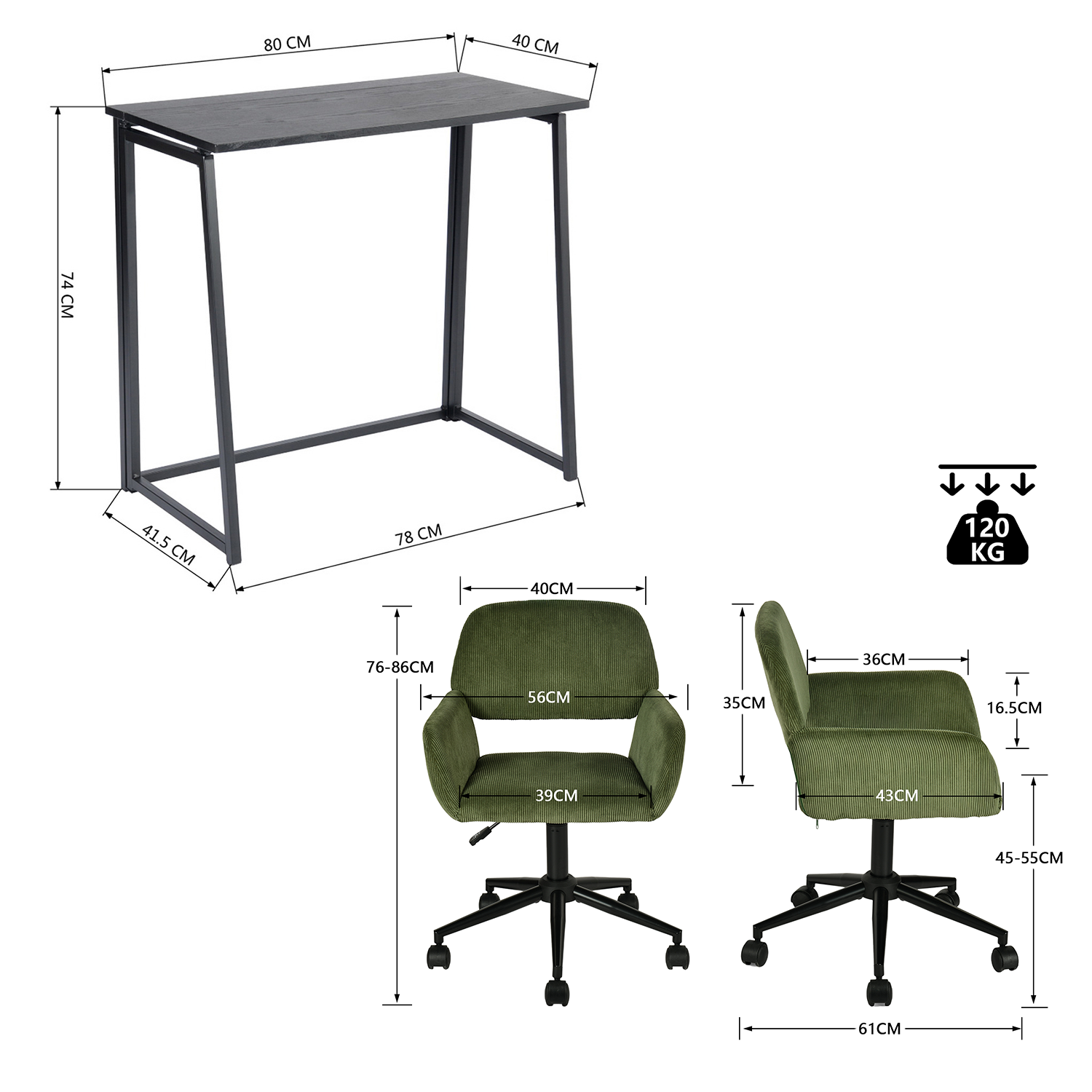 Ensemble bureau pliable en métal noir et fauteuil de bureau en velours côtelé vert olive âââââââ€?ASCOLI & ROSS