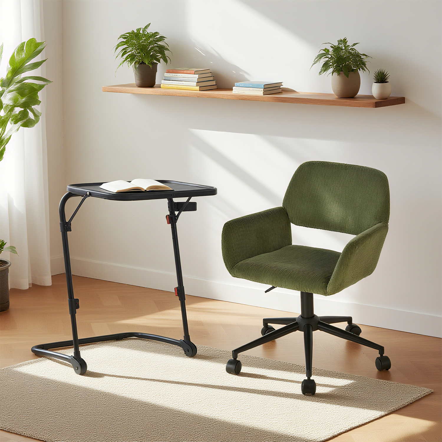 Ensemble avec table d’appoint noire pliable et fauteuil de bureau en velours côtelé vert olive âââââââ€?BASELINE & ROSS