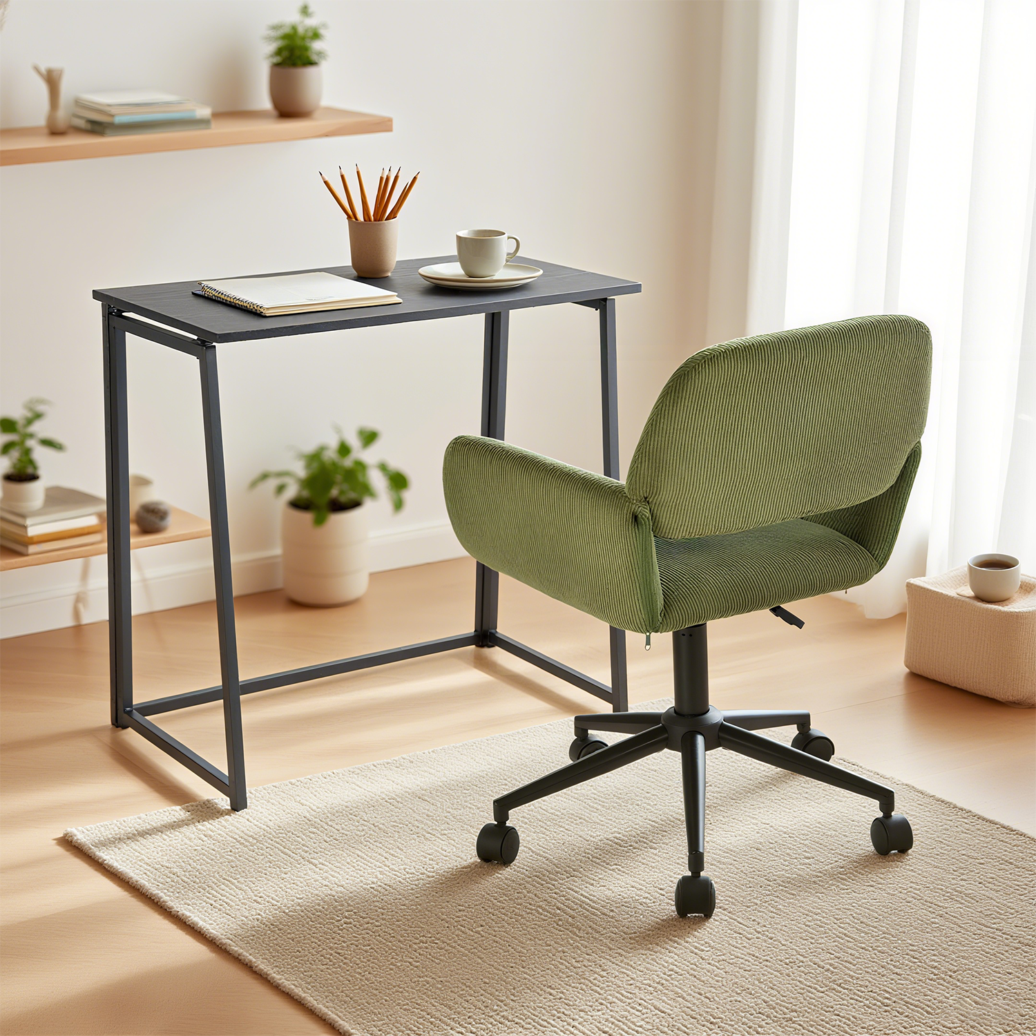Ensemble bureau pliable en métal noir et fauteuil de bureau en velours côtelé vert olive âââââââ€?ASCOLI & ROSS