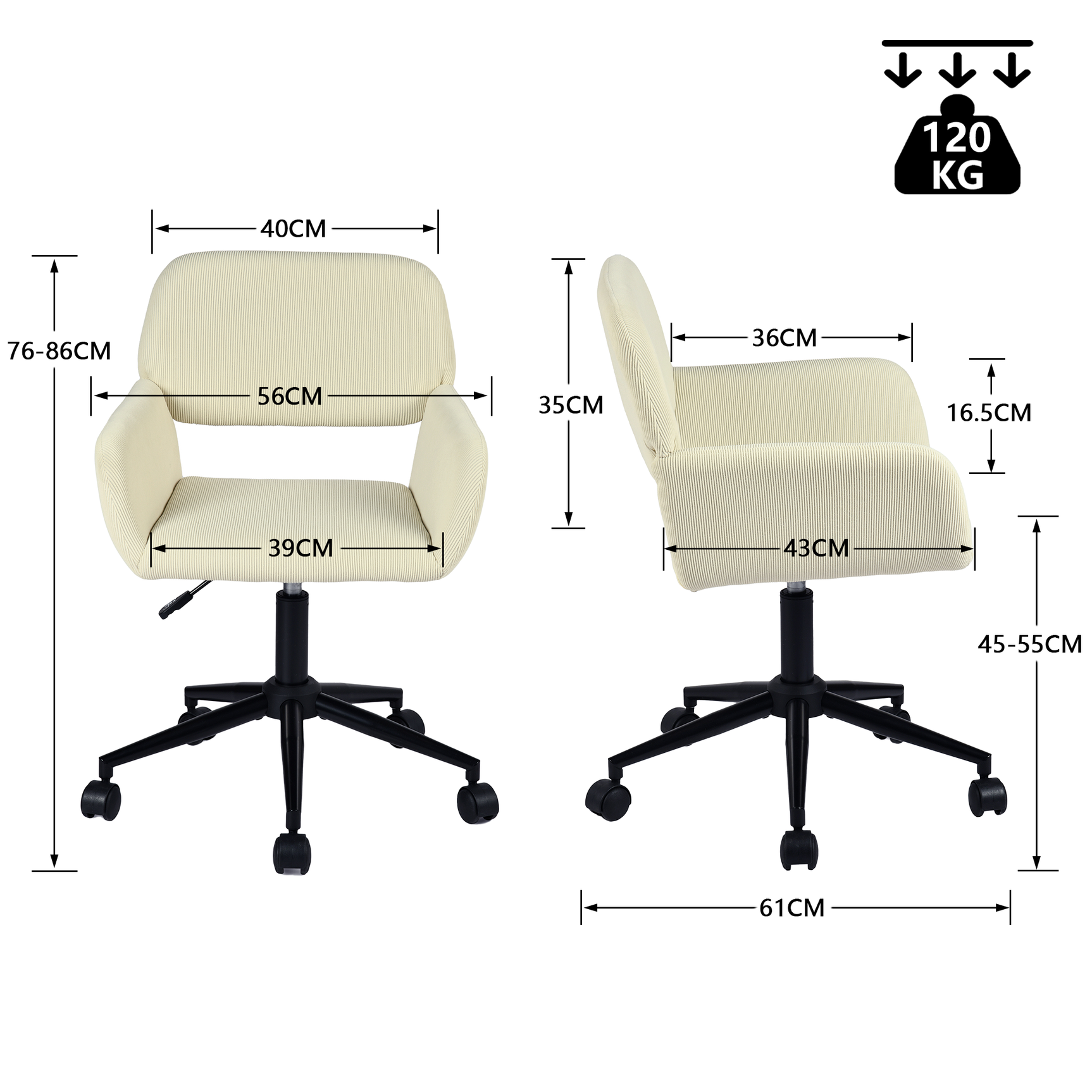 Fauteuil de bureau en velours côtelé beige, réglable en hauteur, rotation à 360° - ROSS