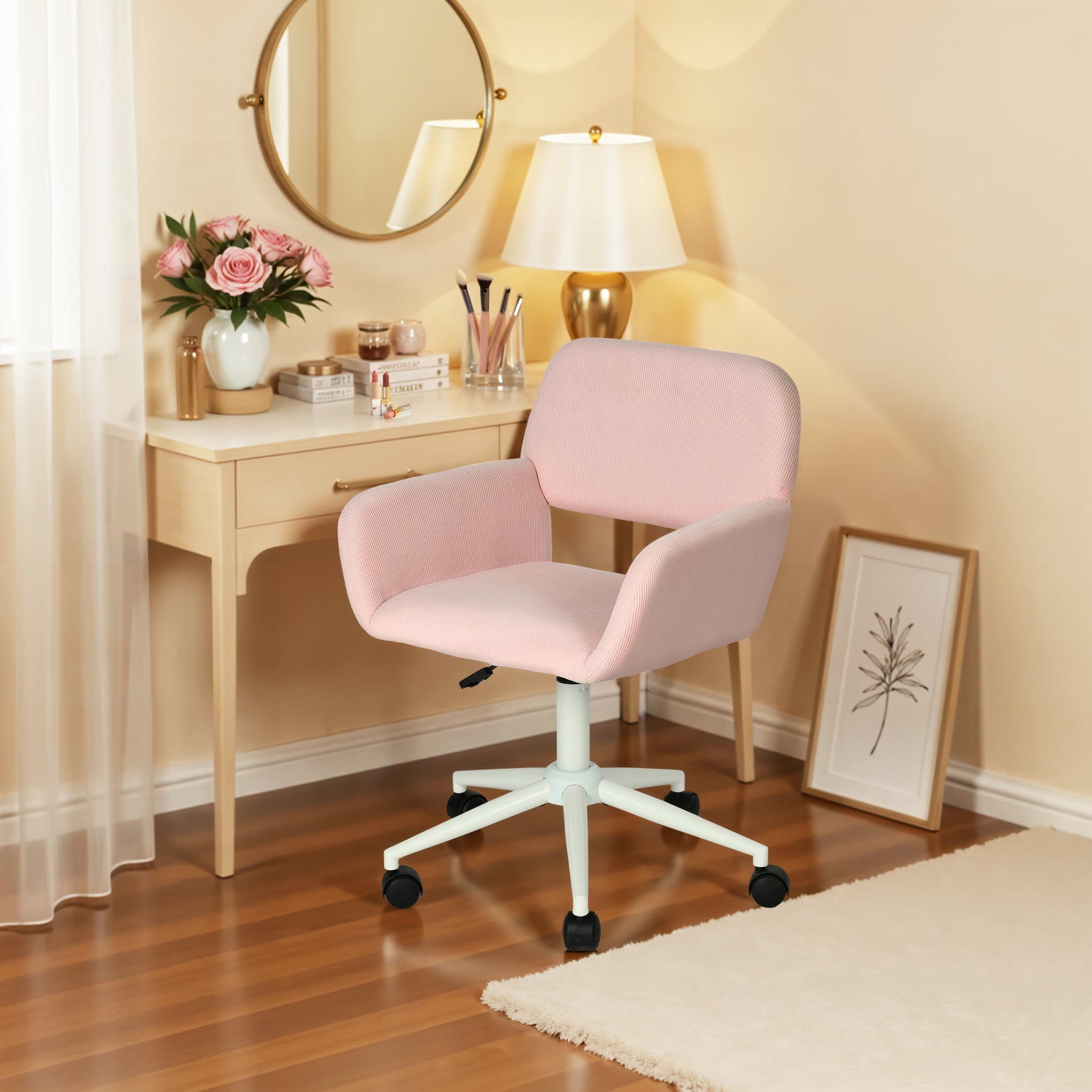 Fauteuil de bureau en velours côtelé rose, réglable en hauteur, rotation à 360° - ROSS