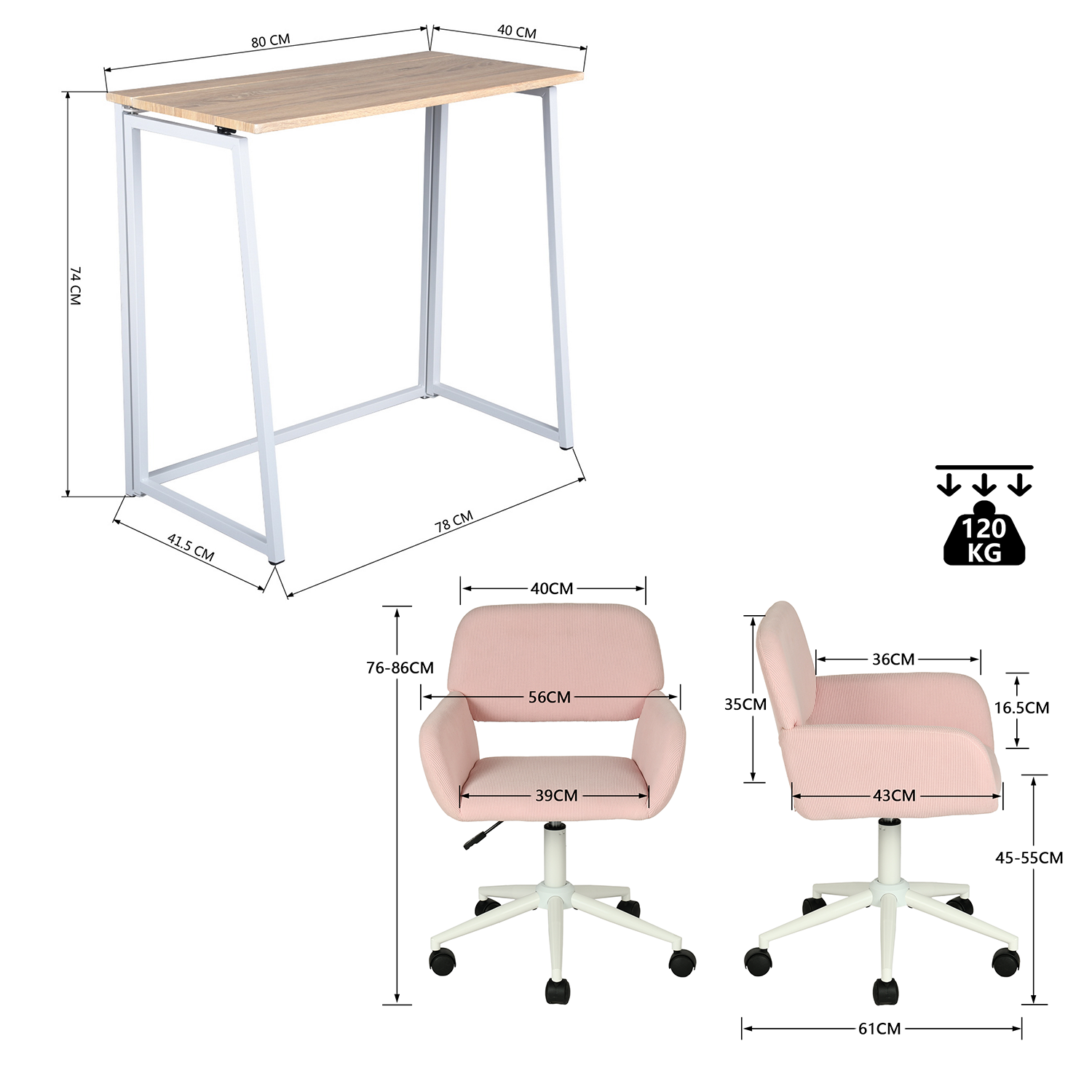 Ensemble bureau pliable et fauteuil de bureau en velours côtelé rose âââââââ€?ASCOLI & ROSS